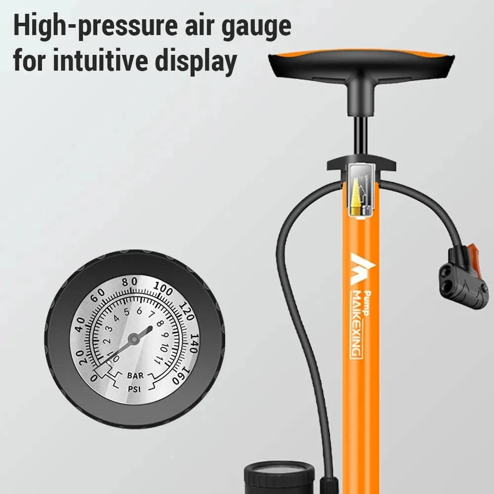 160PSI Bike Tire Pump Multi-functional Portable Bicycles Inflator with High-Pressure Gauge and Three-in-One Nozzle Air Pump