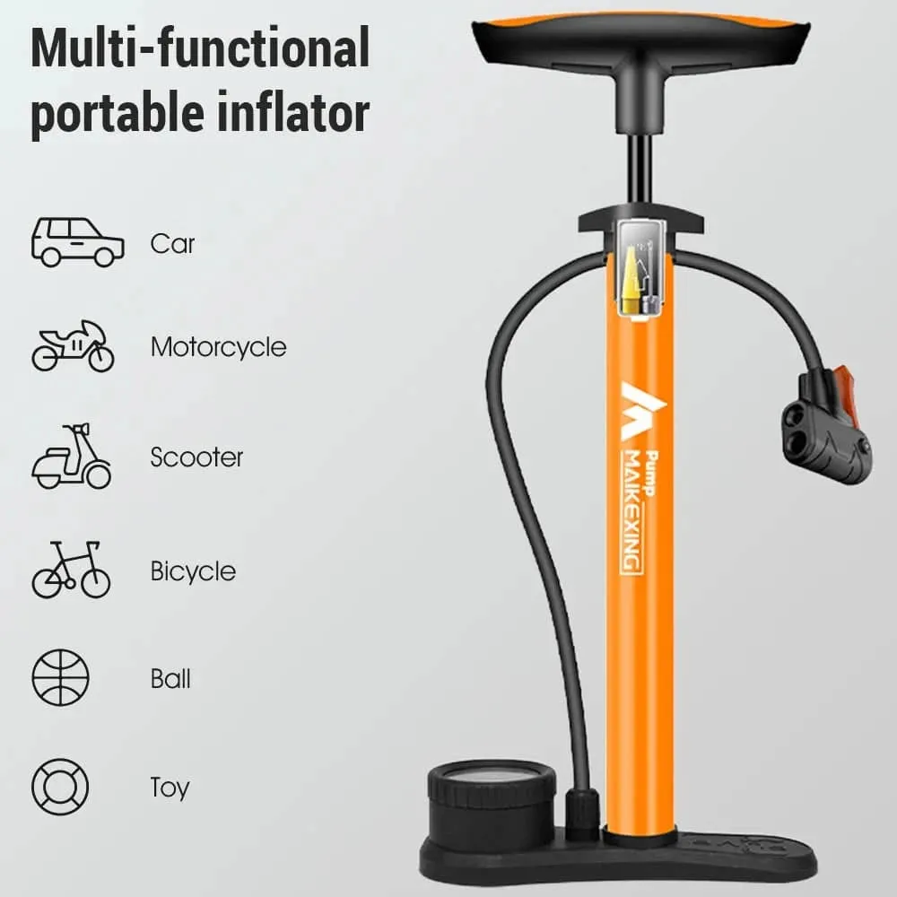 160PSI Bike Tire Pump Multi-functional Portable Bicycles Inflator with High-Pressure Gauge and Three-in-One Nozzle Air Pump