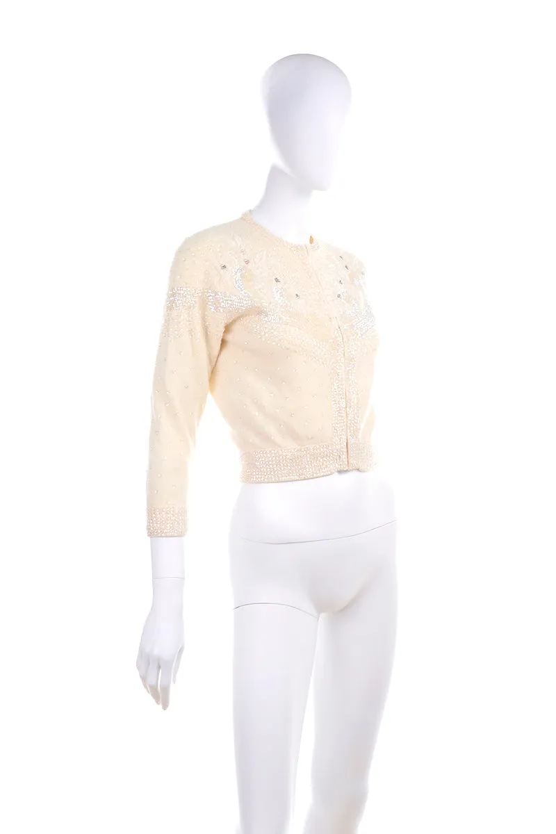 1950s Vintage Cream Cashmere Cardigan Sweater W Beads & Sequins