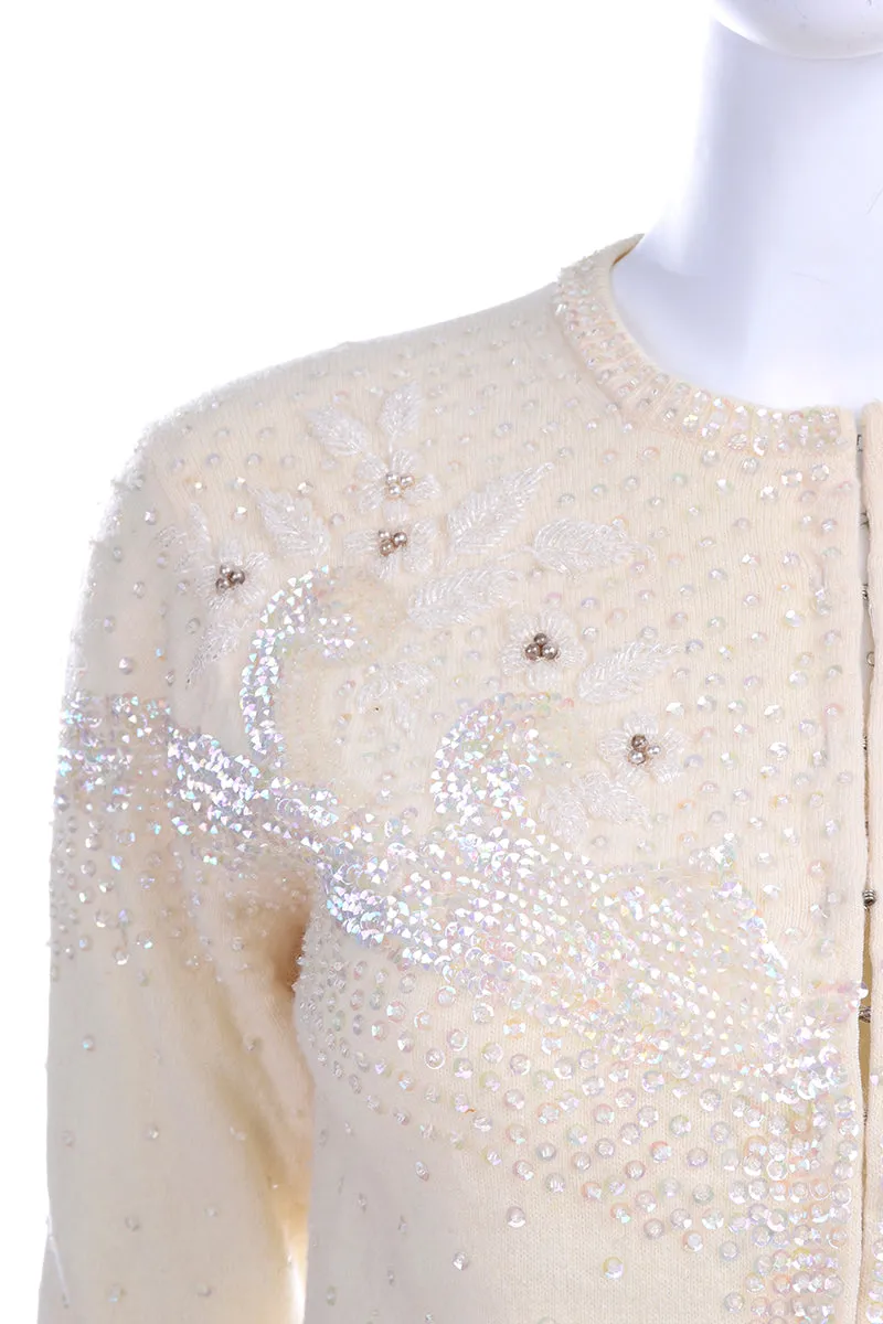 1950s Vintage Cream Cashmere Cardigan Sweater W Beads & Sequins