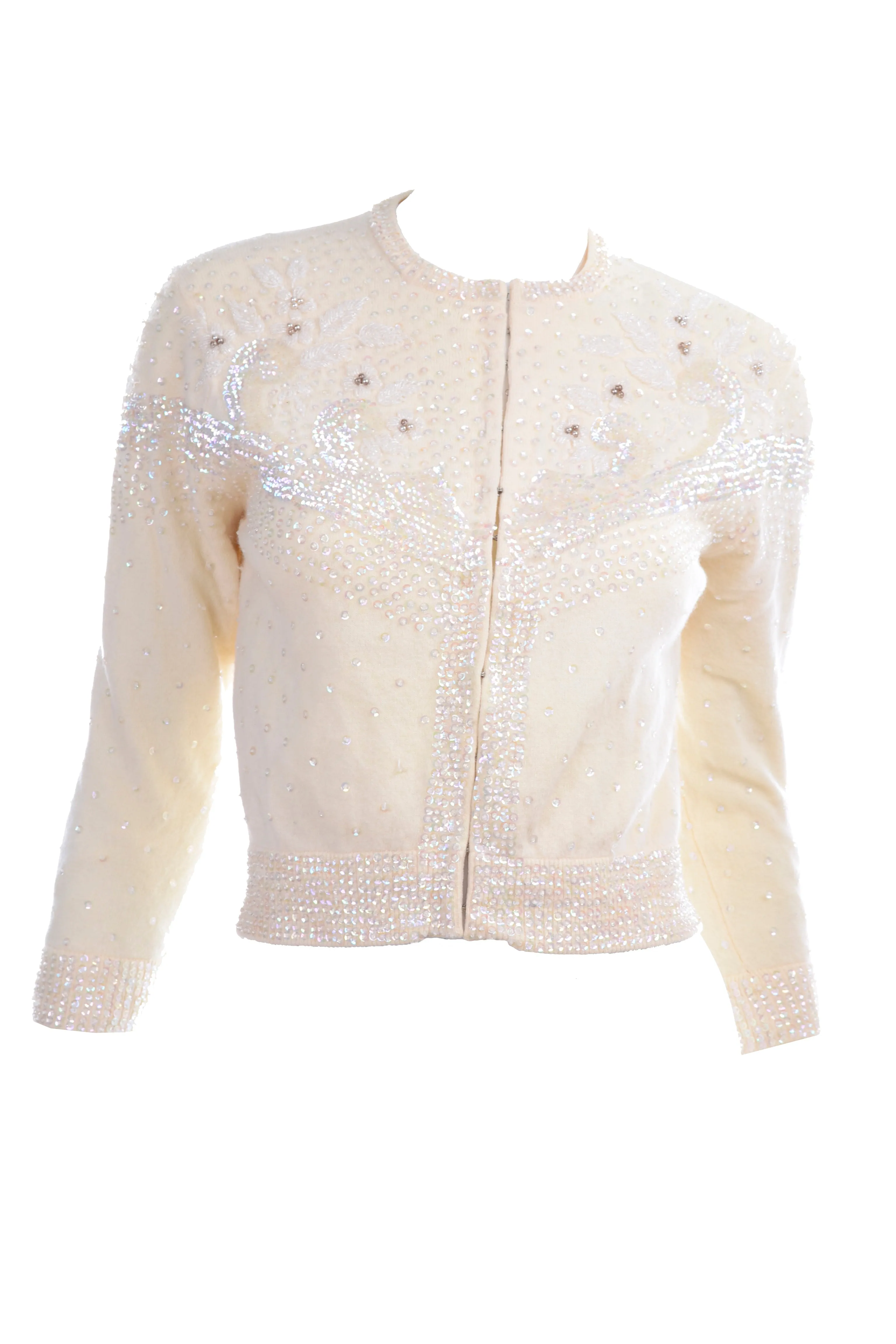 1950s Vintage Cream Cashmere Cardigan Sweater W Beads & Sequins