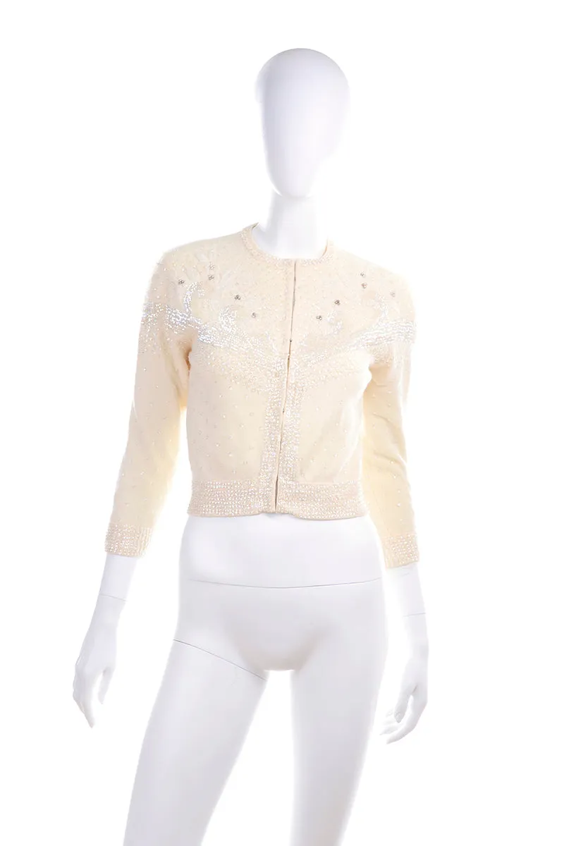 1950s Vintage Cream Cashmere Cardigan Sweater W Beads & Sequins