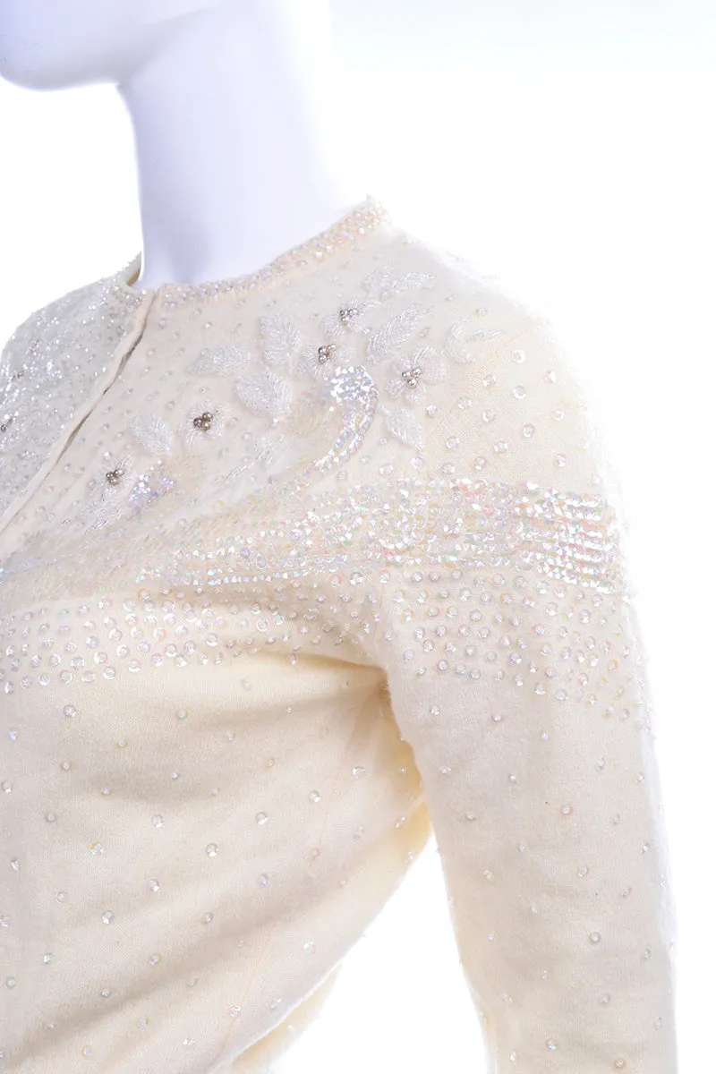 1950s Vintage Cream Cashmere Cardigan Sweater W Beads & Sequins