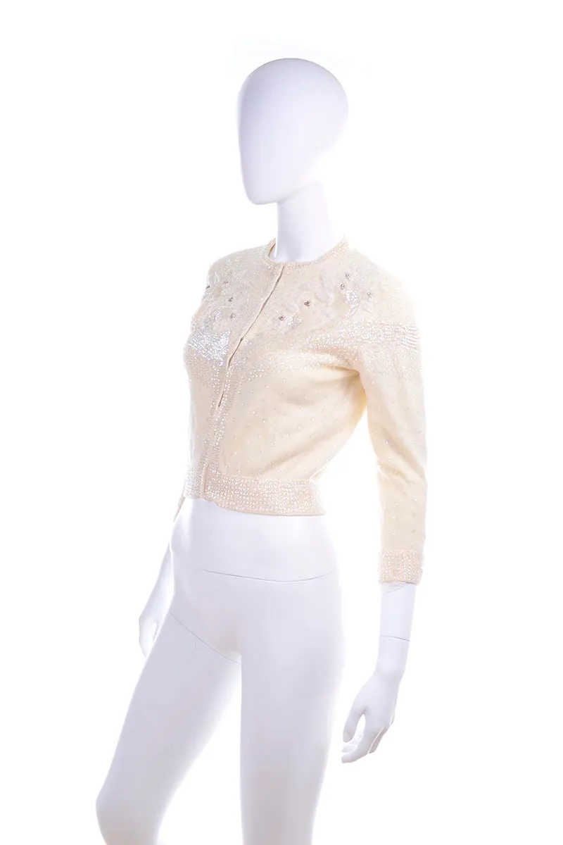 1950s Vintage Cream Cashmere Cardigan Sweater W Beads & Sequins