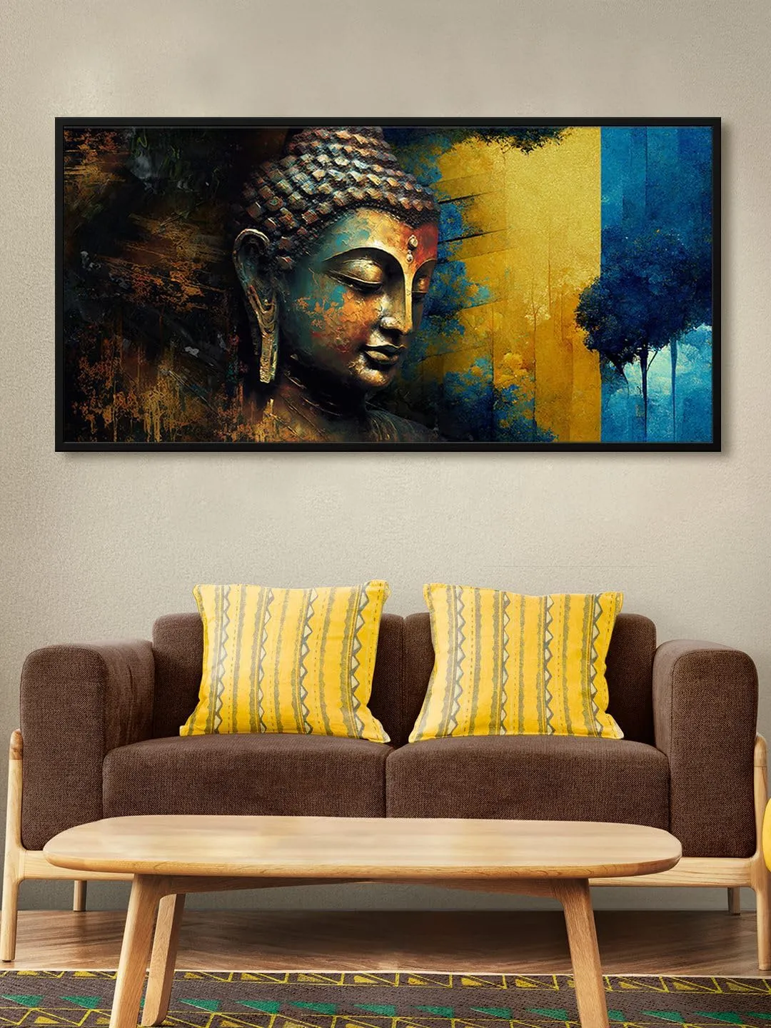 999STORE Lord Buddha Face Art Multi Color modern wall paintings for living room gautam buddha painting (Canvas Framed_24X48 Inches) BoxF24X48061