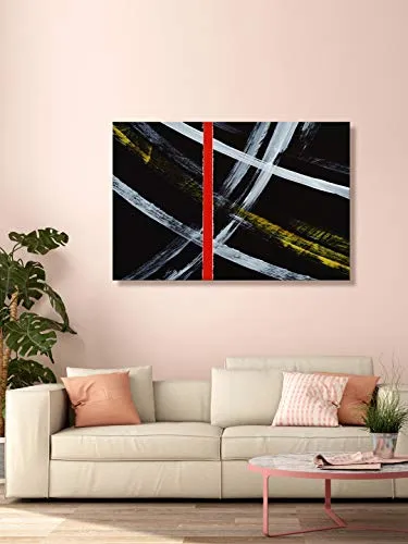 999STORE White And Yellow Strips Modern Stylish Wooden Framed Wall Hanging Painting (24X36 Inches Stretched Canvas, big size, FLP24360190)