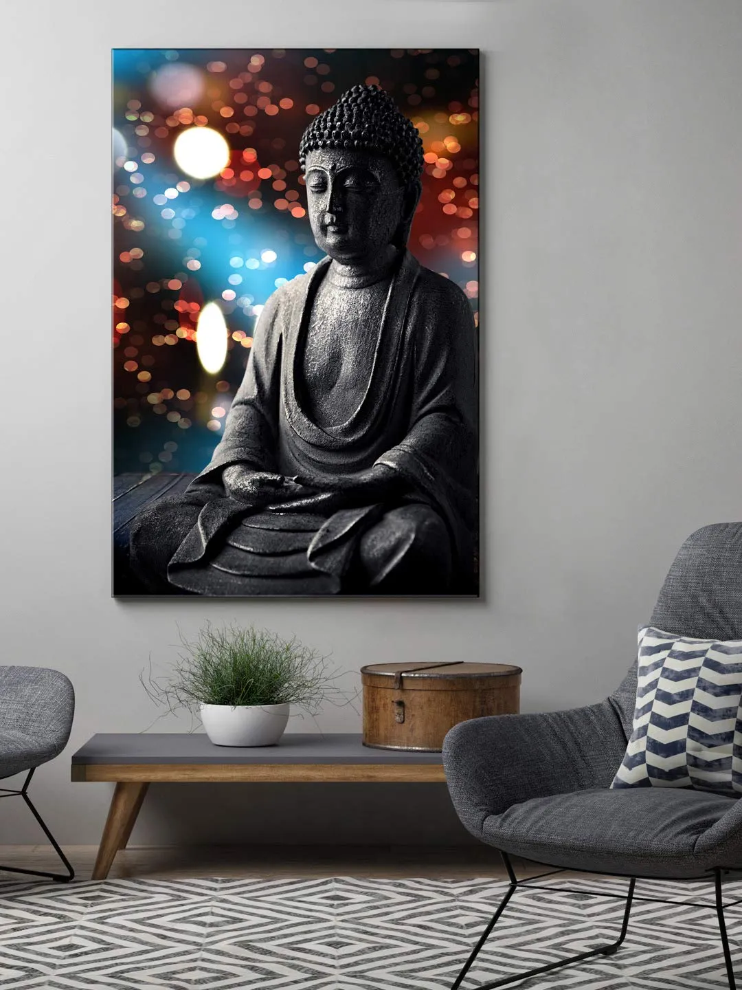 999STORE Wooden Canvas Painting of Gautam Buddha with Frame | Modern Lord Buddha Home Décor Wall Hanging | Canvas Size: 30X18 Inches Stretched