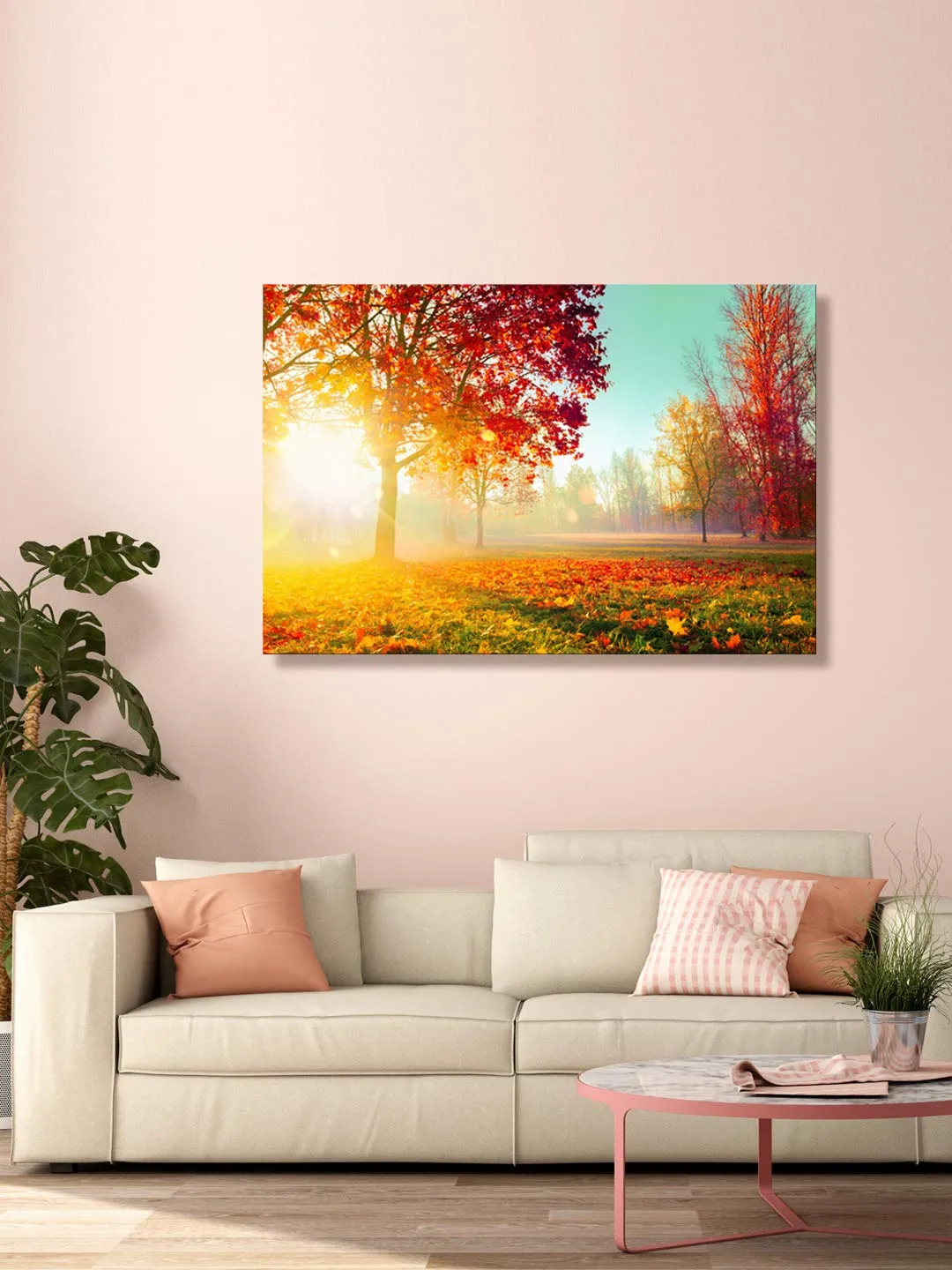 999Store Wooden Stretched Framed wall painting paintings for bedroom Wall art living room décor with frames Sunrise Behind The Red Leaves sunrise painting for wall decoration ( Canvas 24X36 Inches Strectched Canvas) FLP24360130