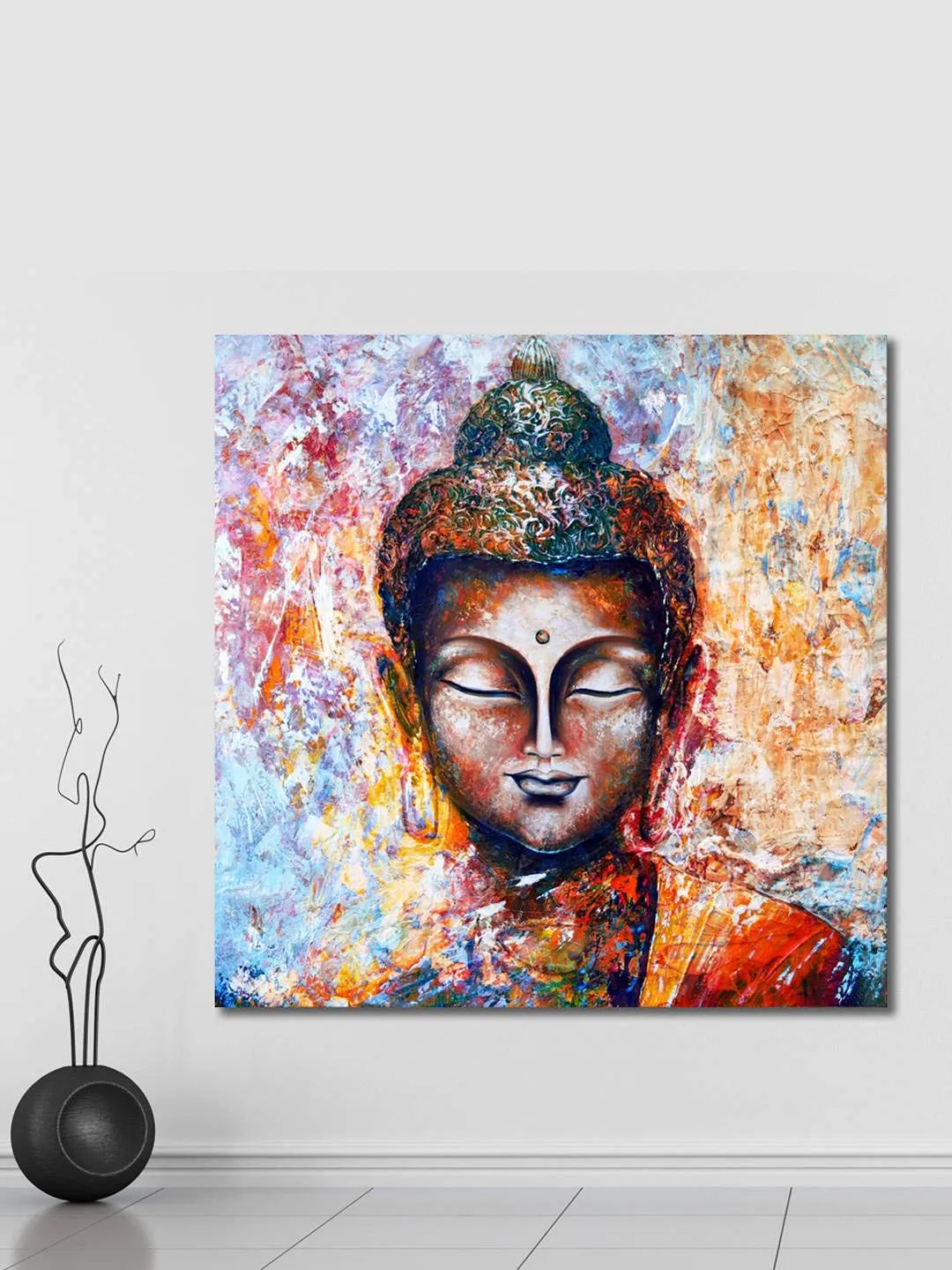 999STORE Wooden Stretched Lord Gautam Buddha Budha Painting | Wall Paintings for Bedroom | Bed Room Canvas Modern Stylish Hanging (Canvas 18X18 Inches Stretched Canvas)