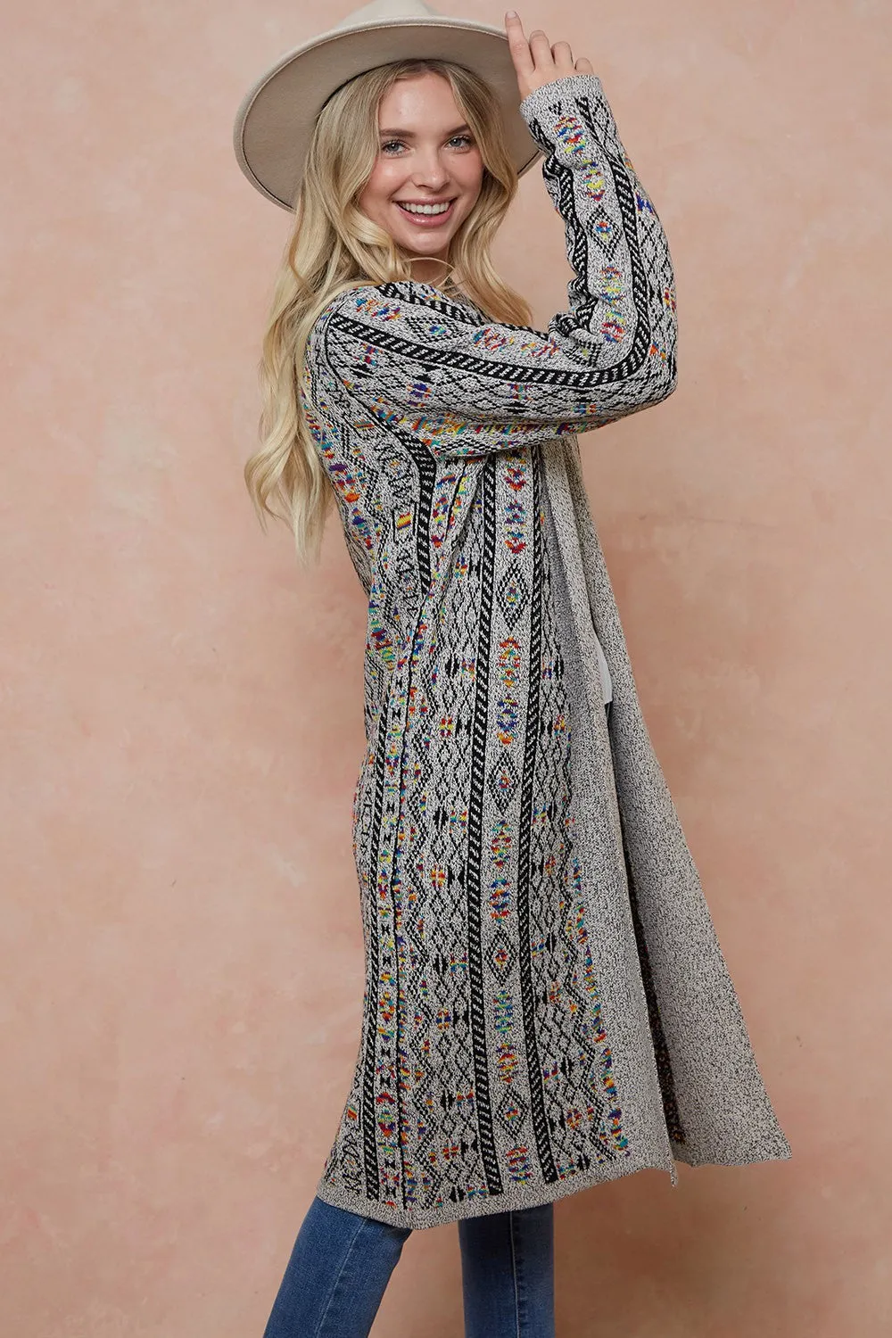 Aztec Pattern Long Sleeve Jacquard Open Front Long Cadigan Sweater Duster