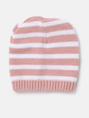 Baby Unisex Knitted Hat with Horizontal Lines - Dusty Pink