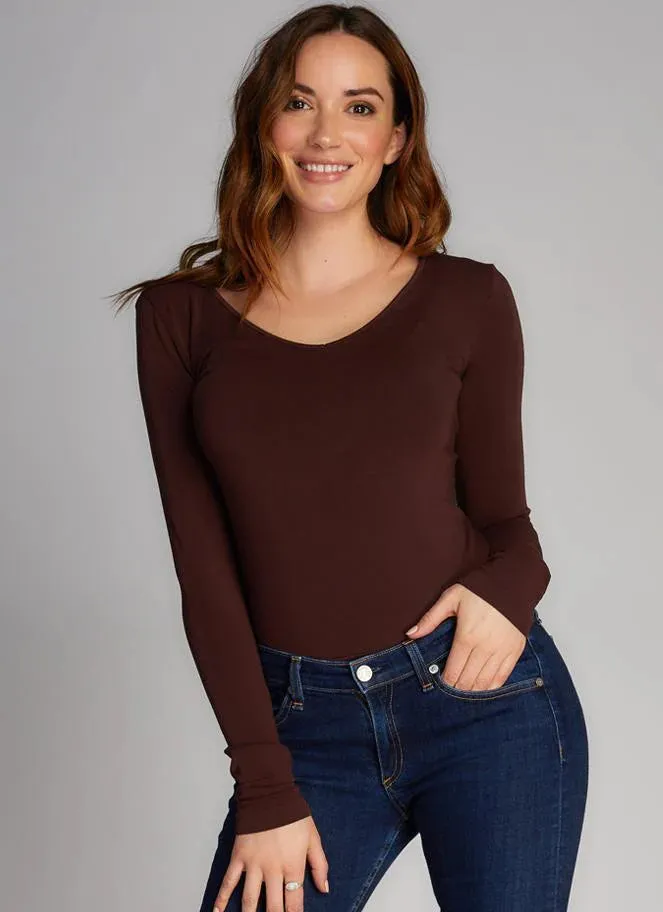 BAMBOO V NECK LONG SLEEVE BROWN TOP