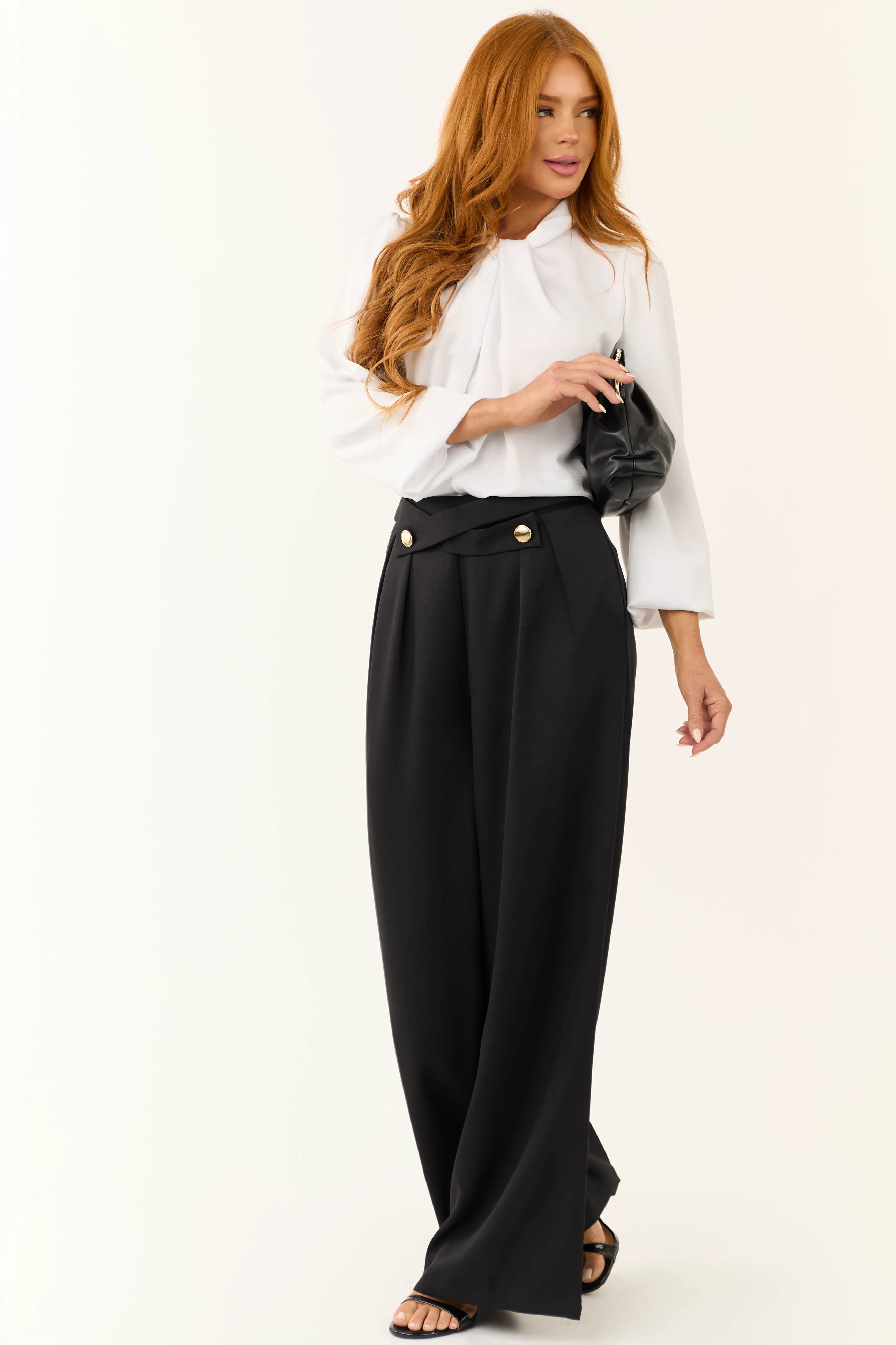 Black Criss Cross Button Wide Leg Pants