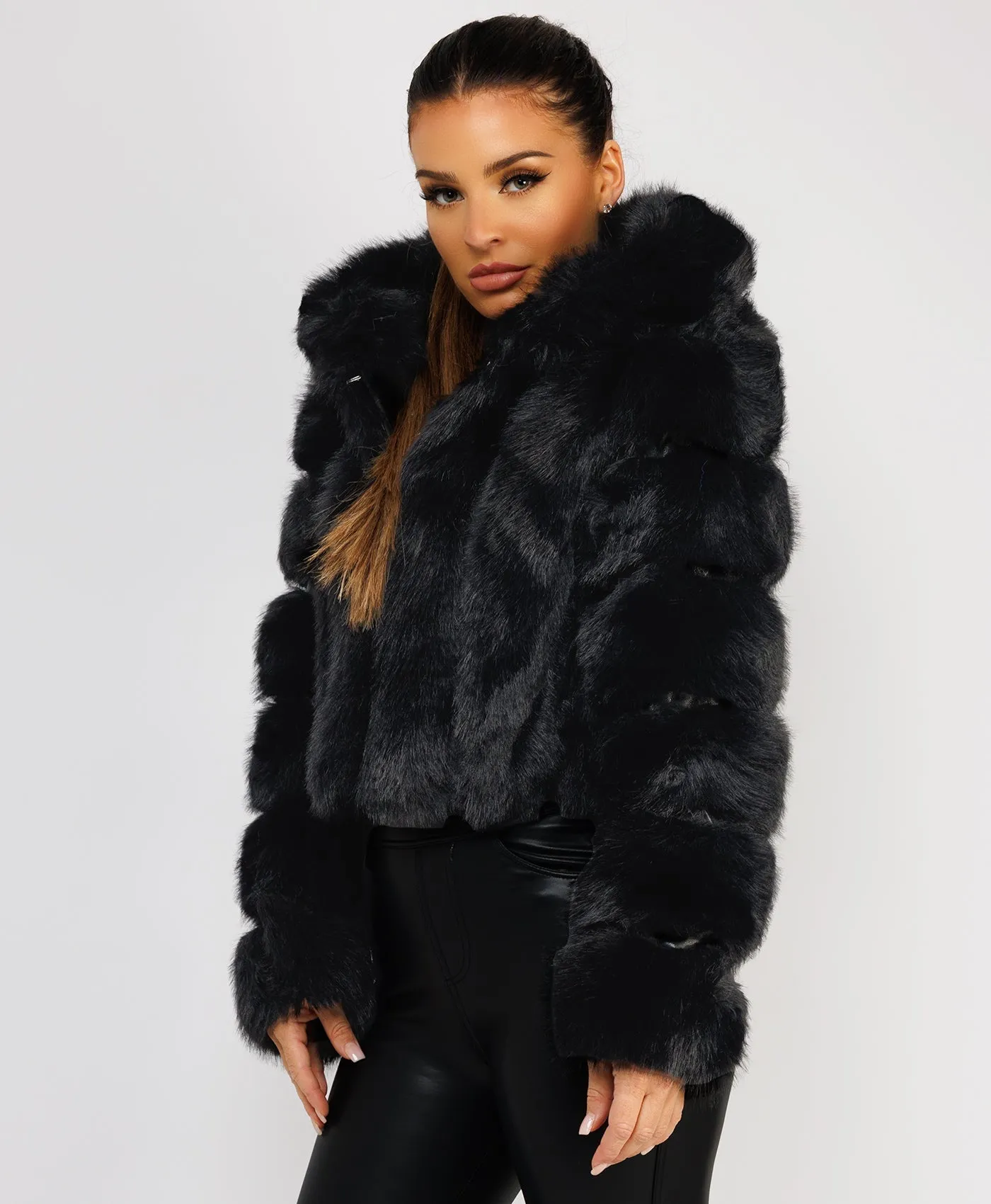 Black Faux Fur Striped Panel Hooded Coat Jacket