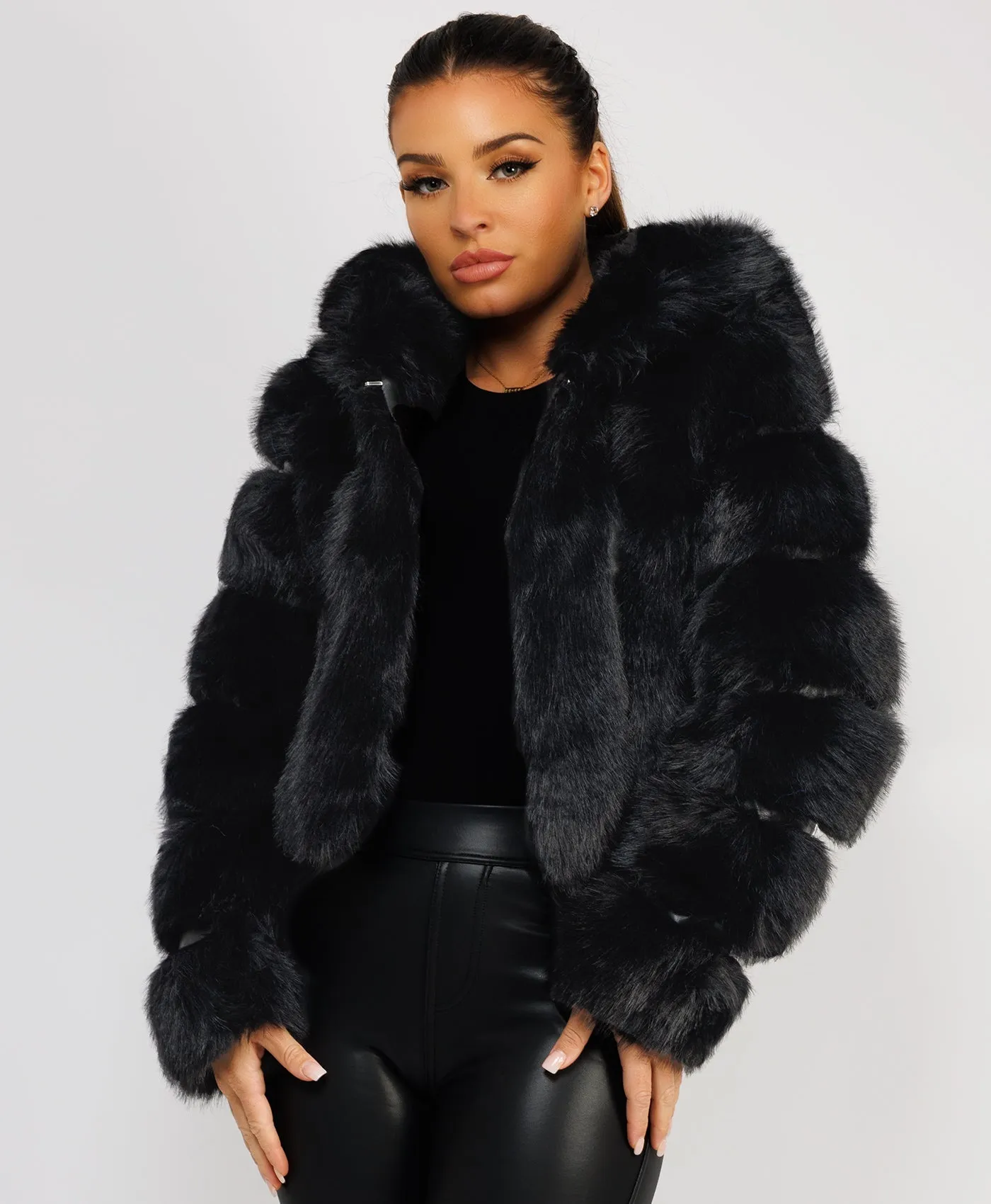 Black Faux Fur Striped Panel Hooded Coat Jacket