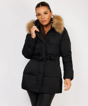 Black Waist Tie Real Fur Hood Puffer Coat