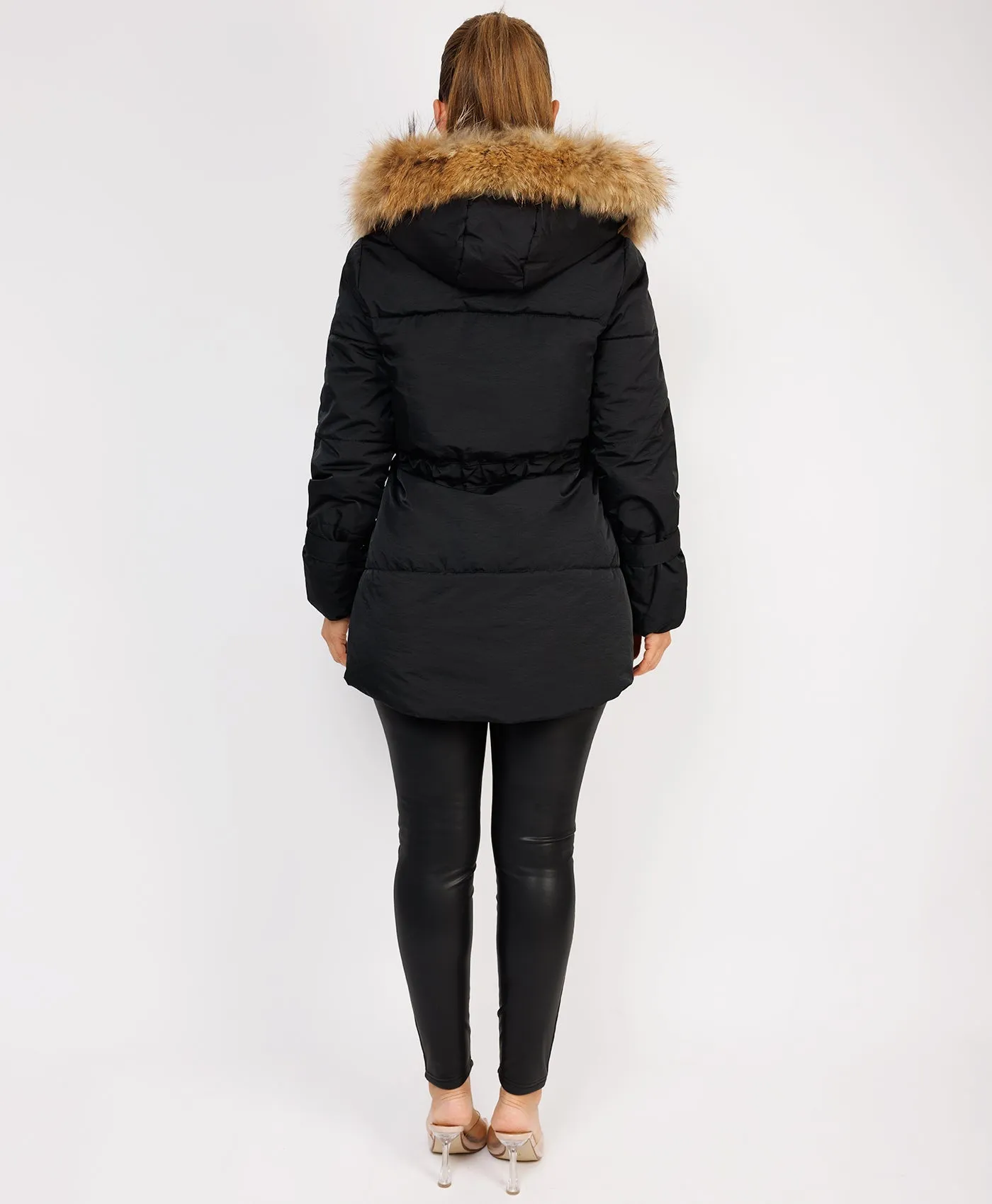 Black Waist Tie Real Fur Hood Puffer Coat