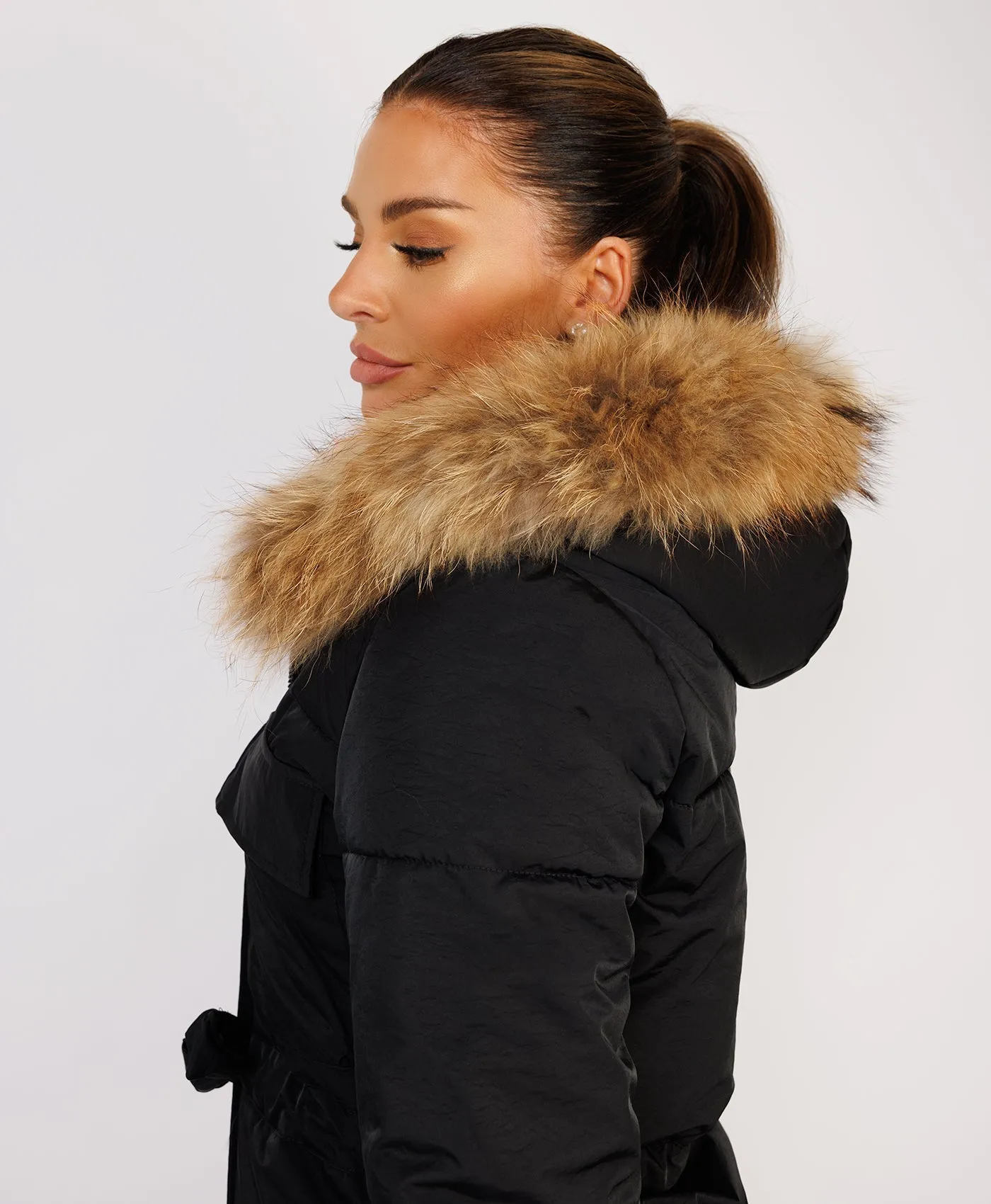 Black Waist Tie Real Fur Hood Puffer Coat