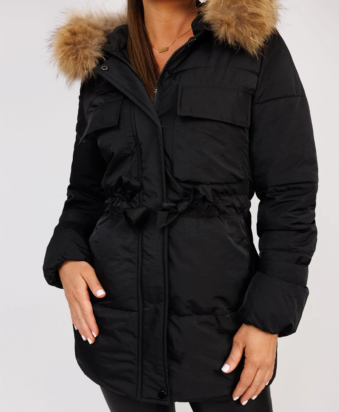 Black Waist Tie Real Fur Hood Puffer Coat