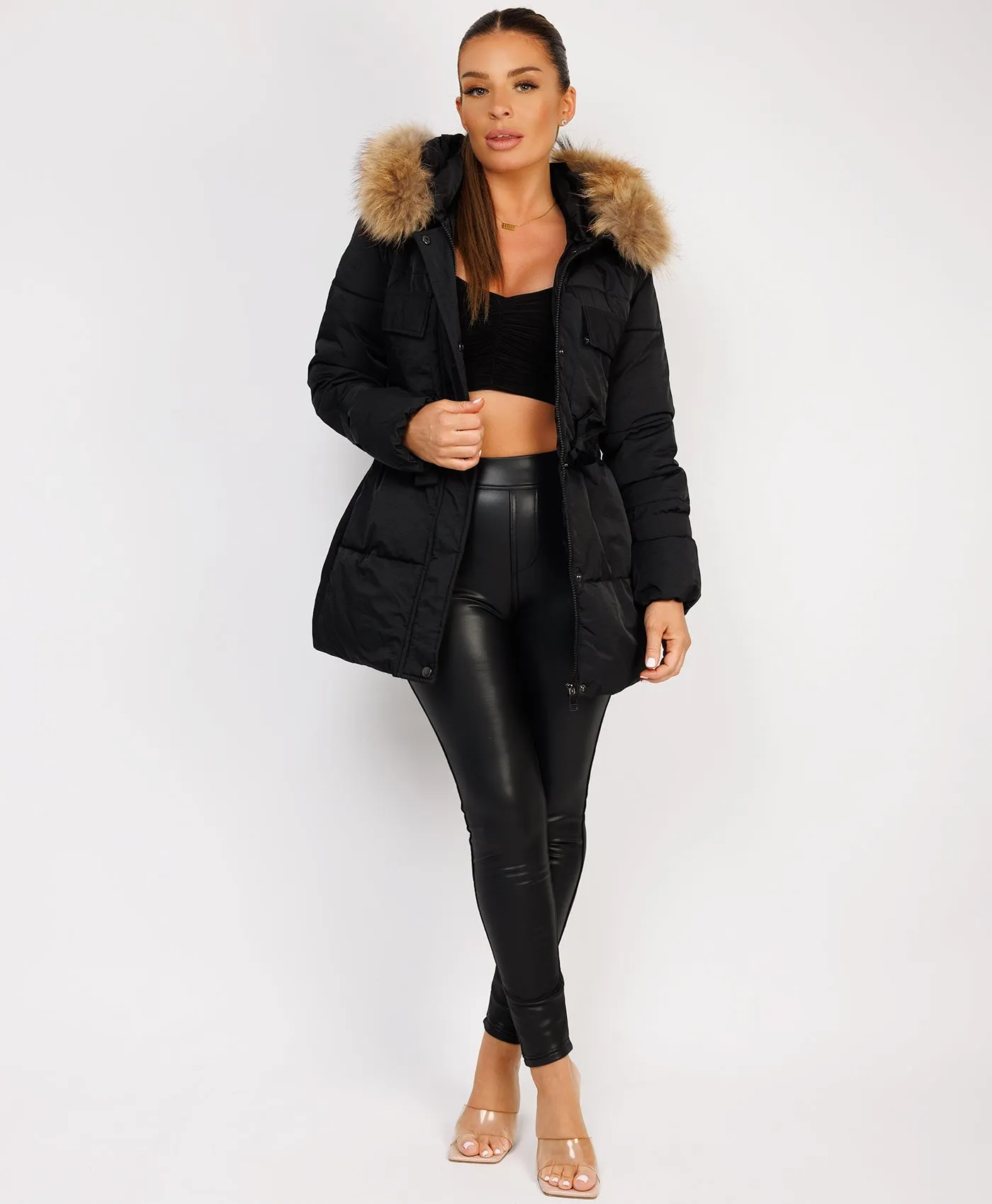 Black Waist Tie Real Fur Hood Puffer Coat