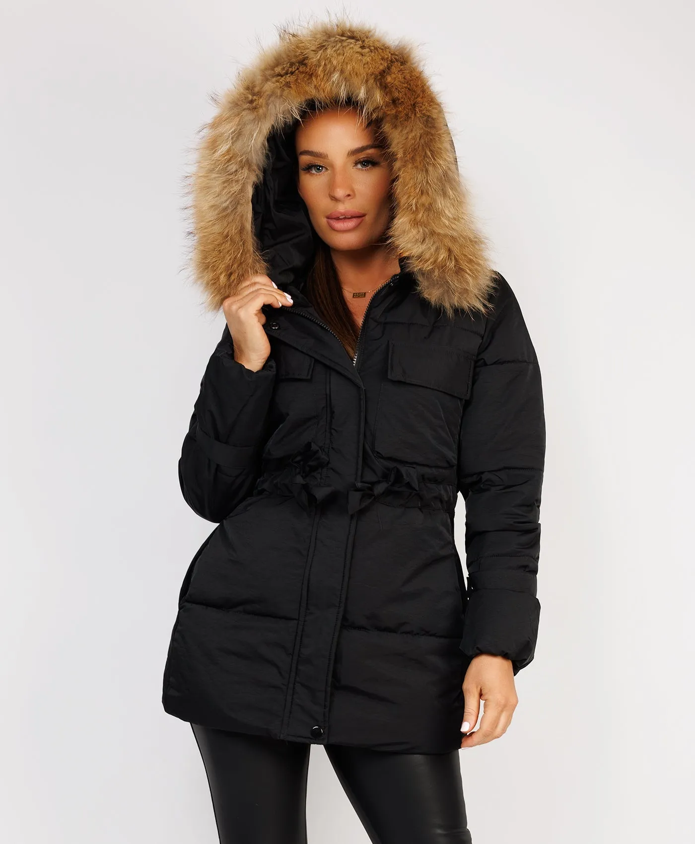 Black Waist Tie Real Fur Hood Puffer Coat