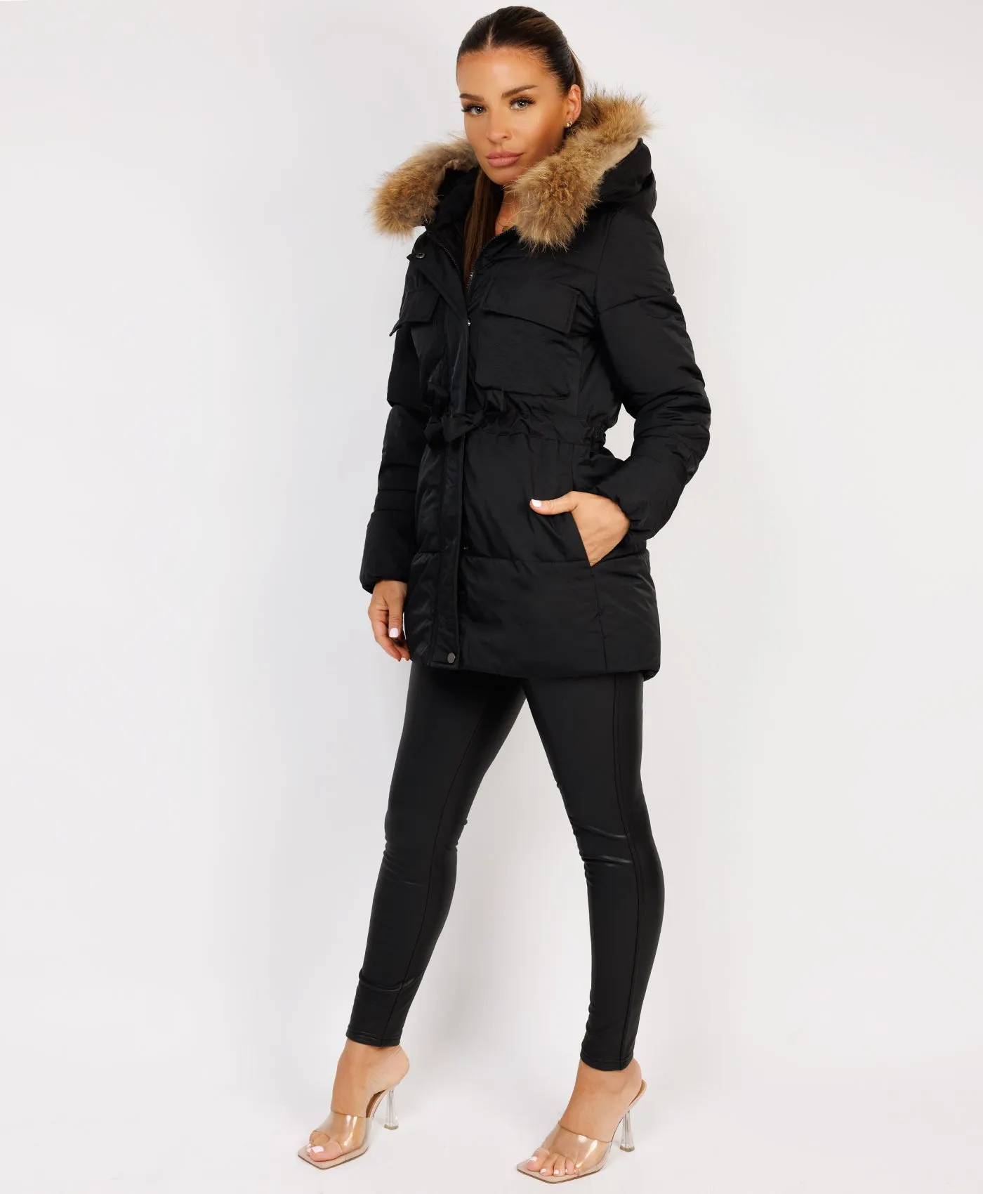 Black Waist Tie Real Fur Hood Puffer Coat