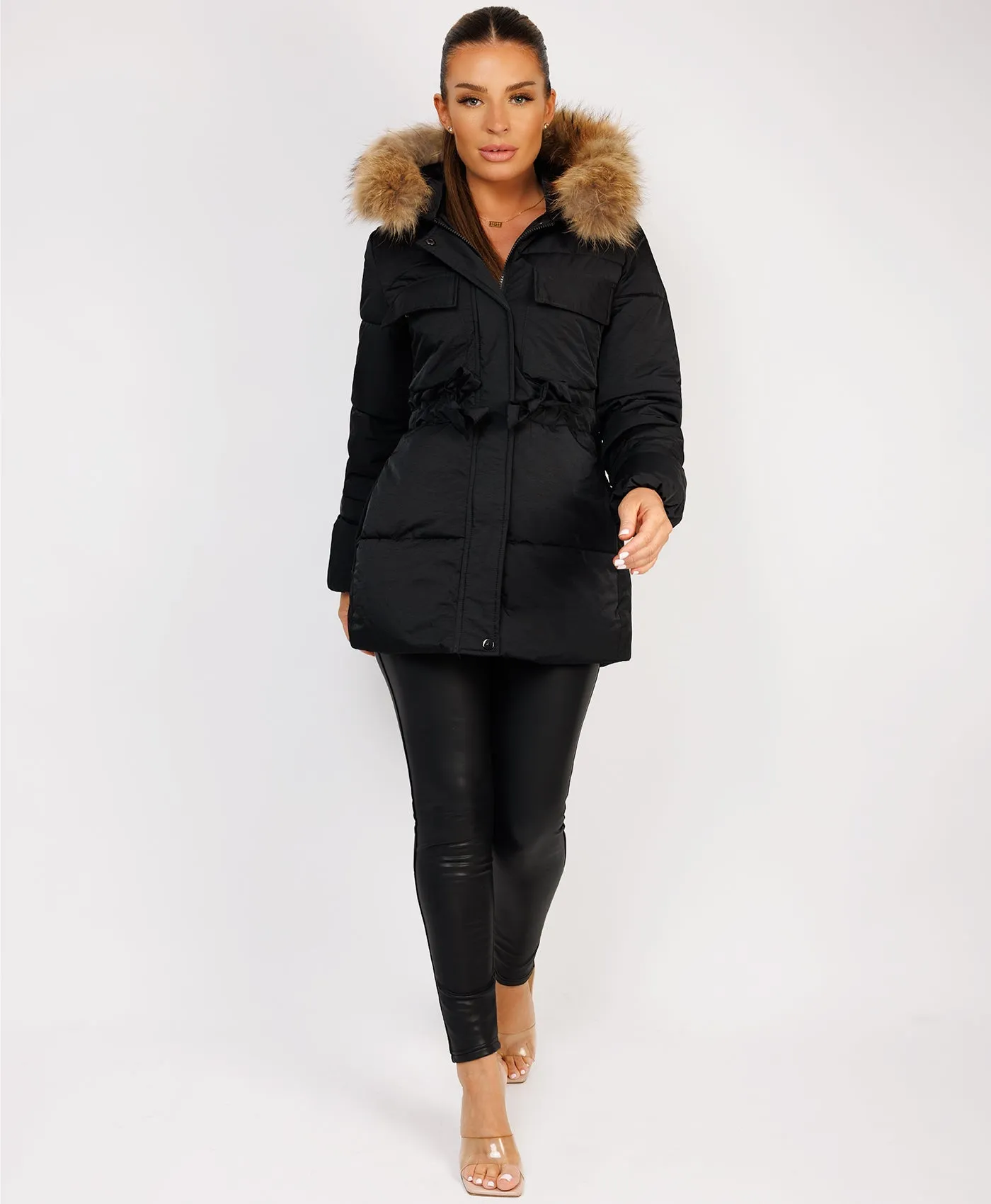 Black Waist Tie Real Fur Hood Puffer Coat