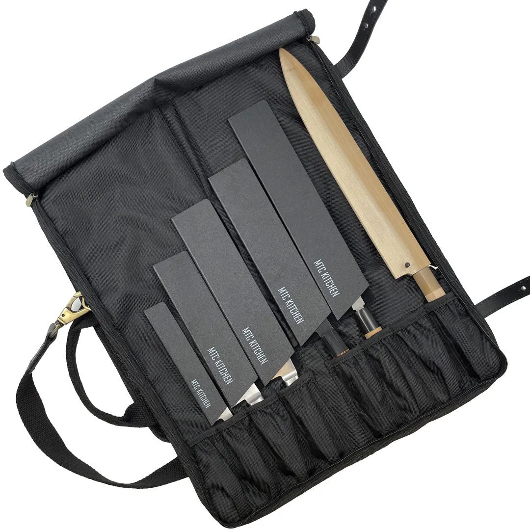 Black Waxed Canvas 8 Slots Knife Storage Bag with Shoulder Strap