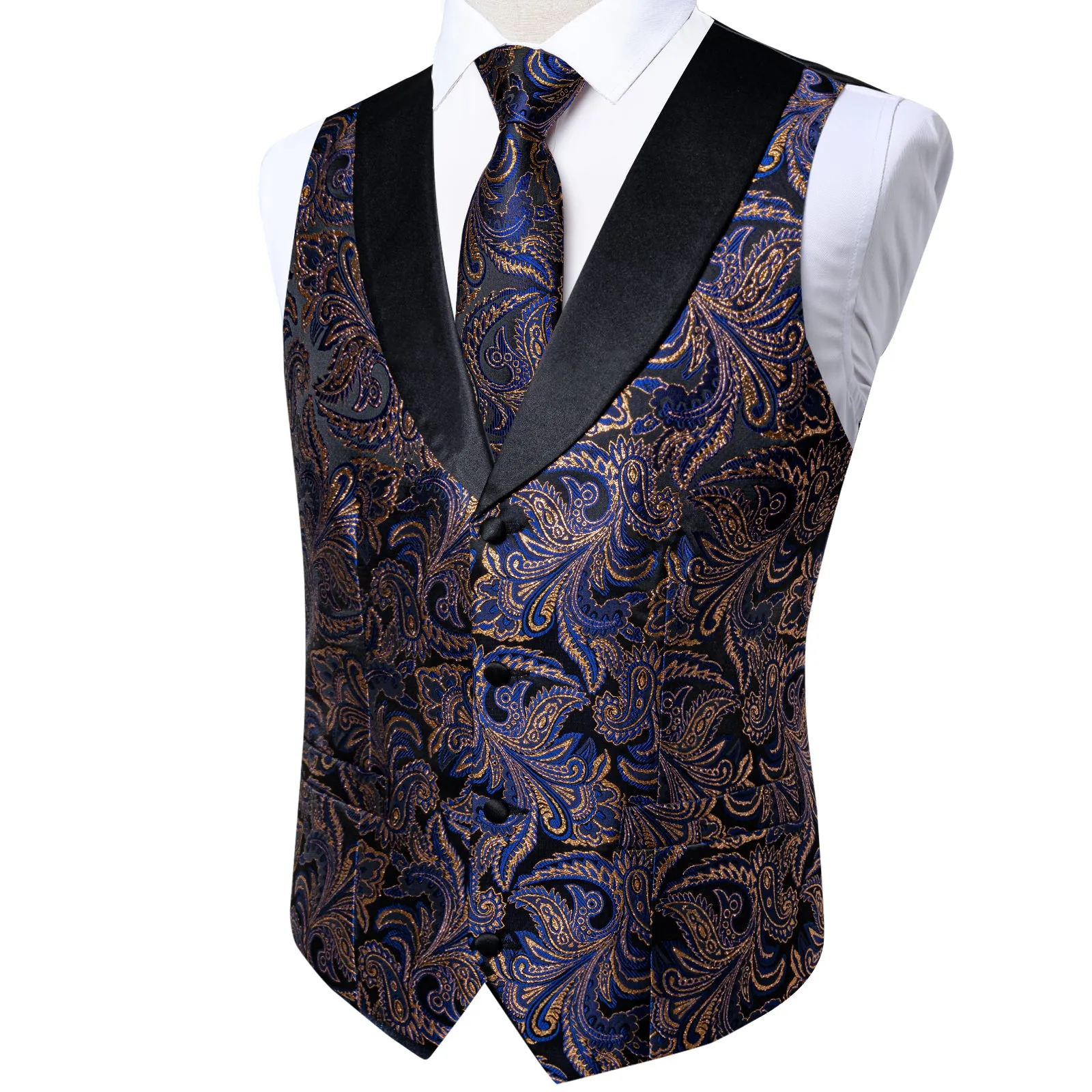 Blue Golden Paisley Black Collar V Neck Jacquard Silk Men's Vest Hanky Cufflinks Tie Set