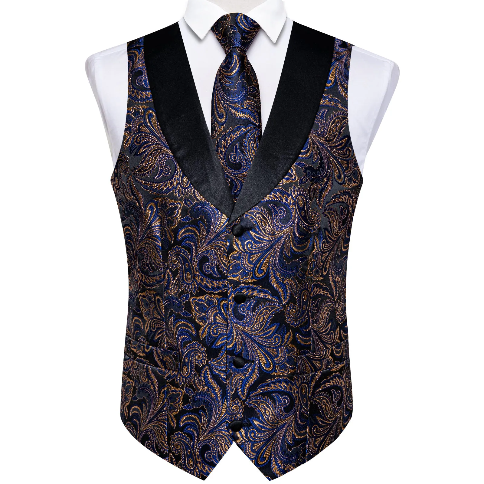 Blue Golden Paisley Black Collar V Neck Jacquard Silk Men's Vest Hanky Cufflinks Tie Set