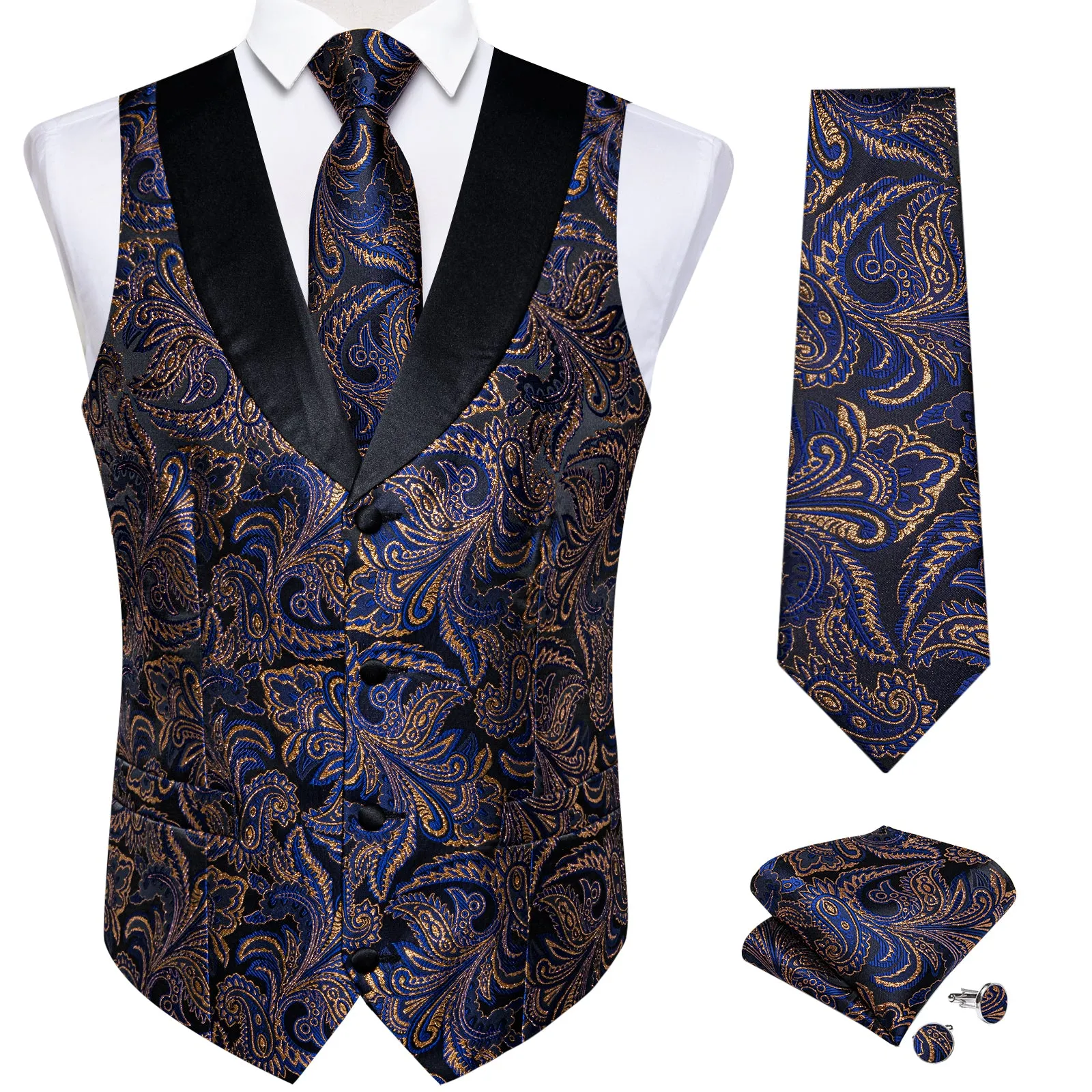 Blue Golden Paisley Black Collar V Neck Jacquard Silk Men's Vest Hanky Cufflinks Tie Set