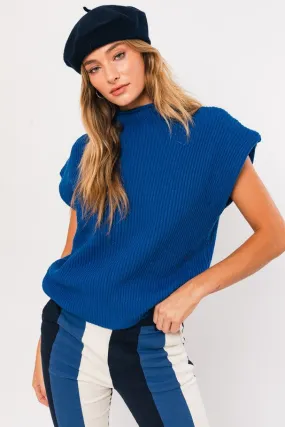 Blue Turtle Neck Power Shoulder Sweater Vest