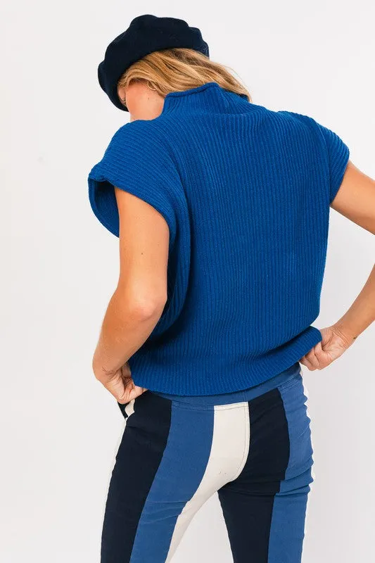 Blue Turtle Neck Power Shoulder Sweater Vest