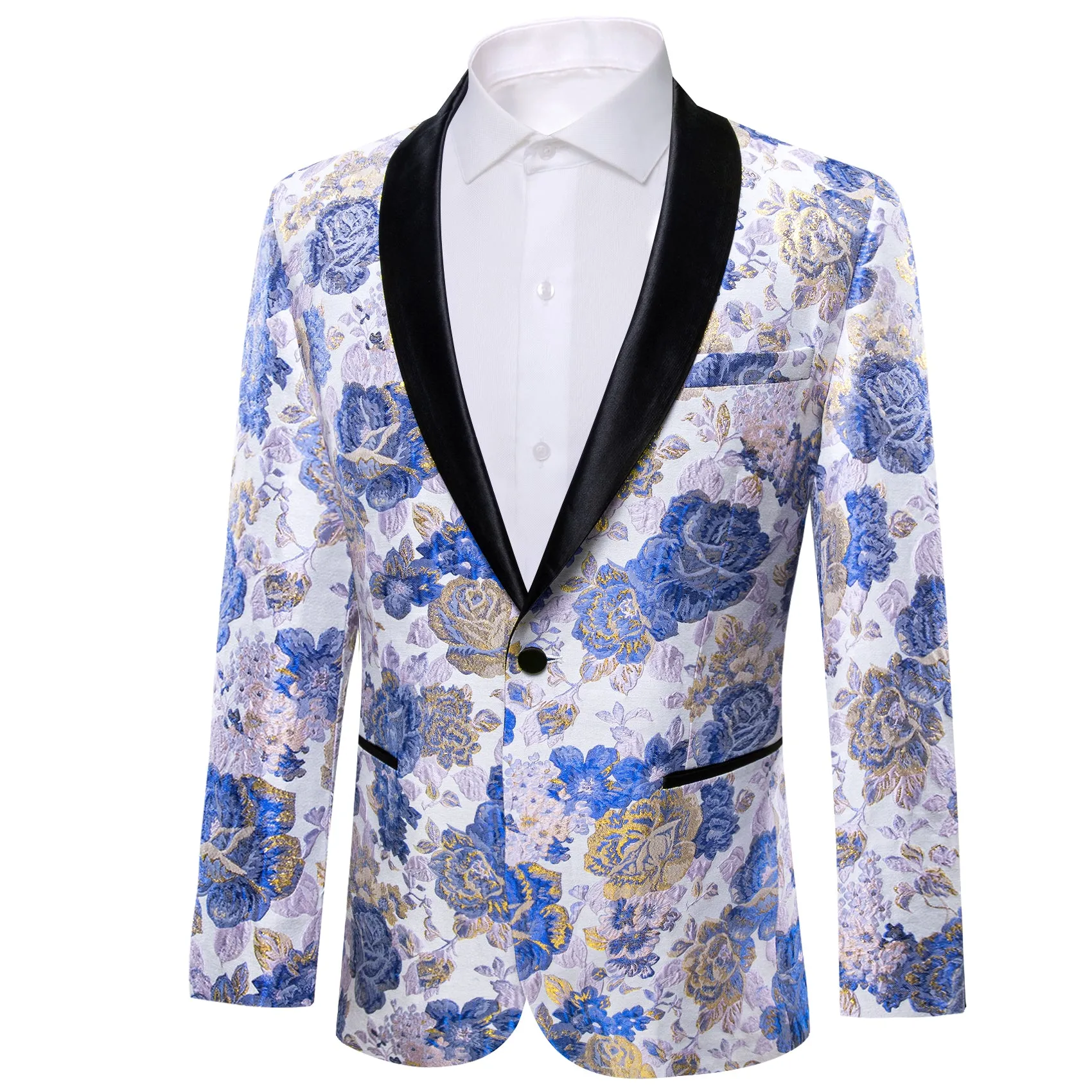 Blue White Gold Floral Flower Men's Suit for Party