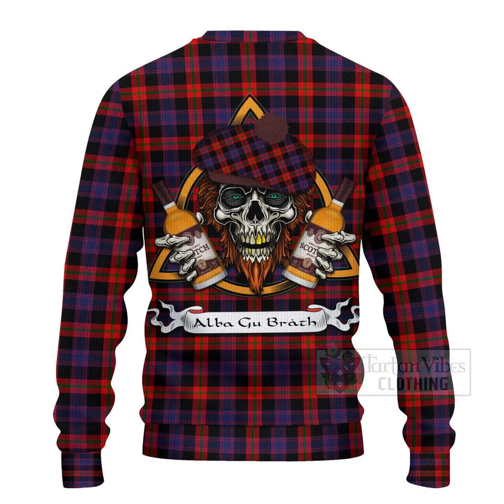 Brown (Broun) Tartan Ugly Sweater with Family Crest and Bearded Skull Holding Bottles of Whiskey