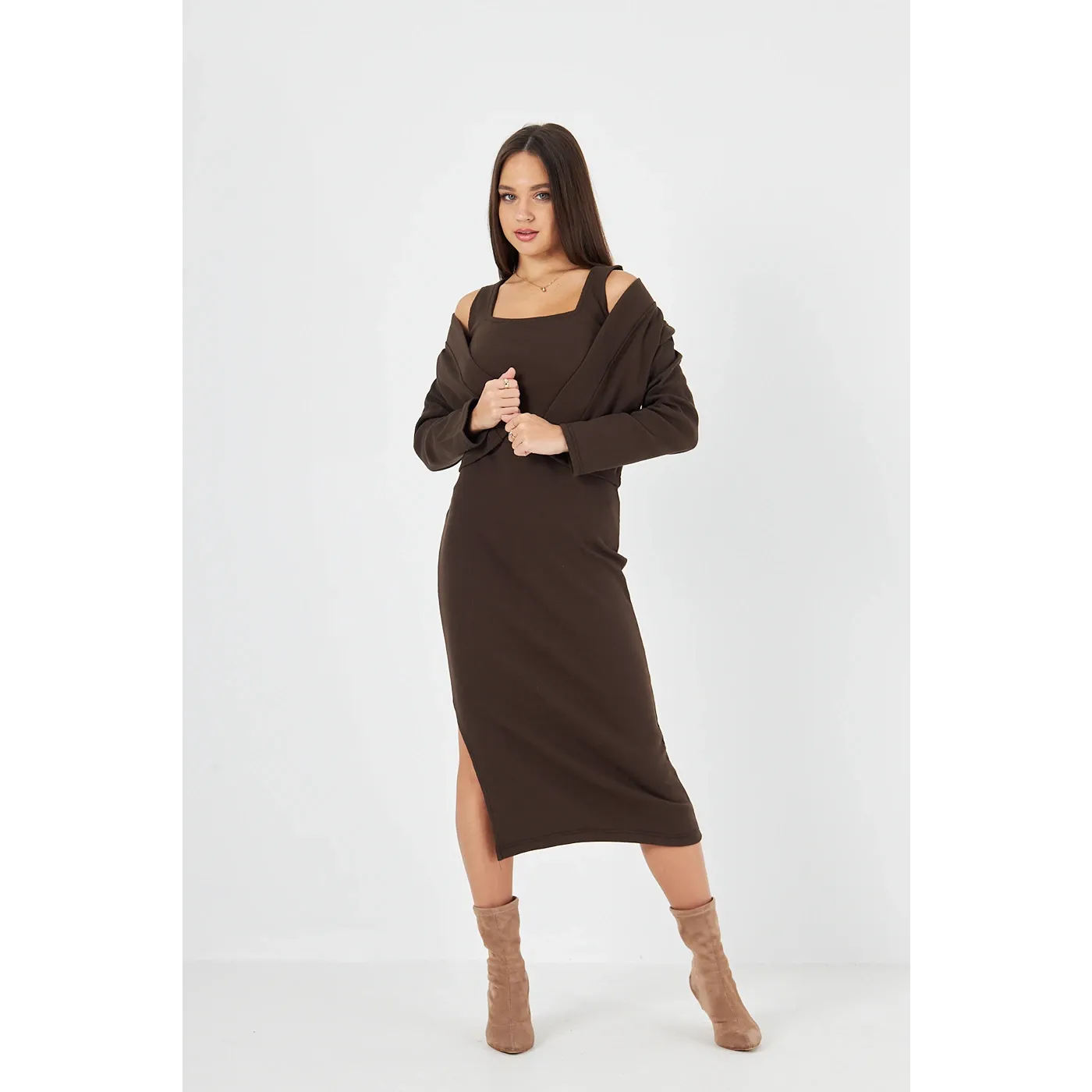 Brown Cardigan Dress Matching Set