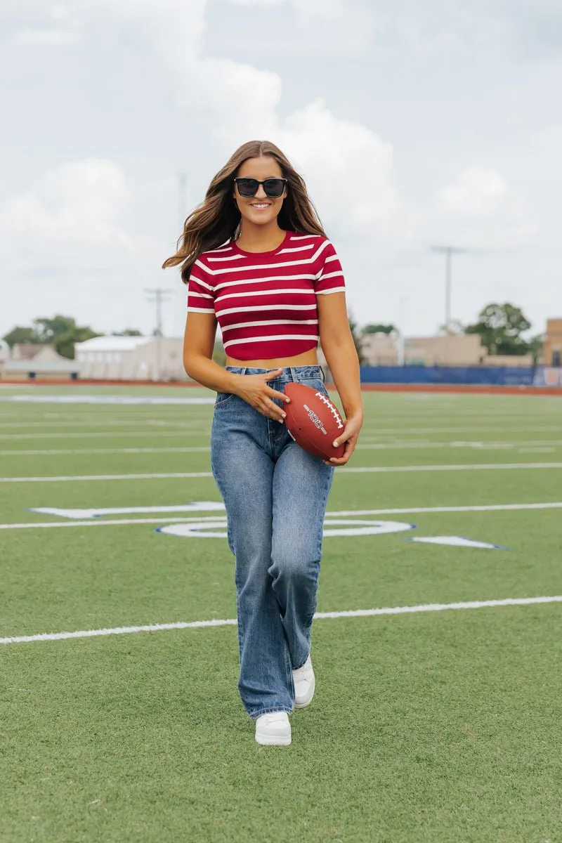 Burgundy and White Striped Cropped Sweater - FINAL SALE