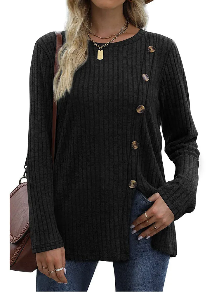 Button Up T-shirt for Women's New Fashion Autumn Casual Solid Color Long Sleeved T-shirt for Women