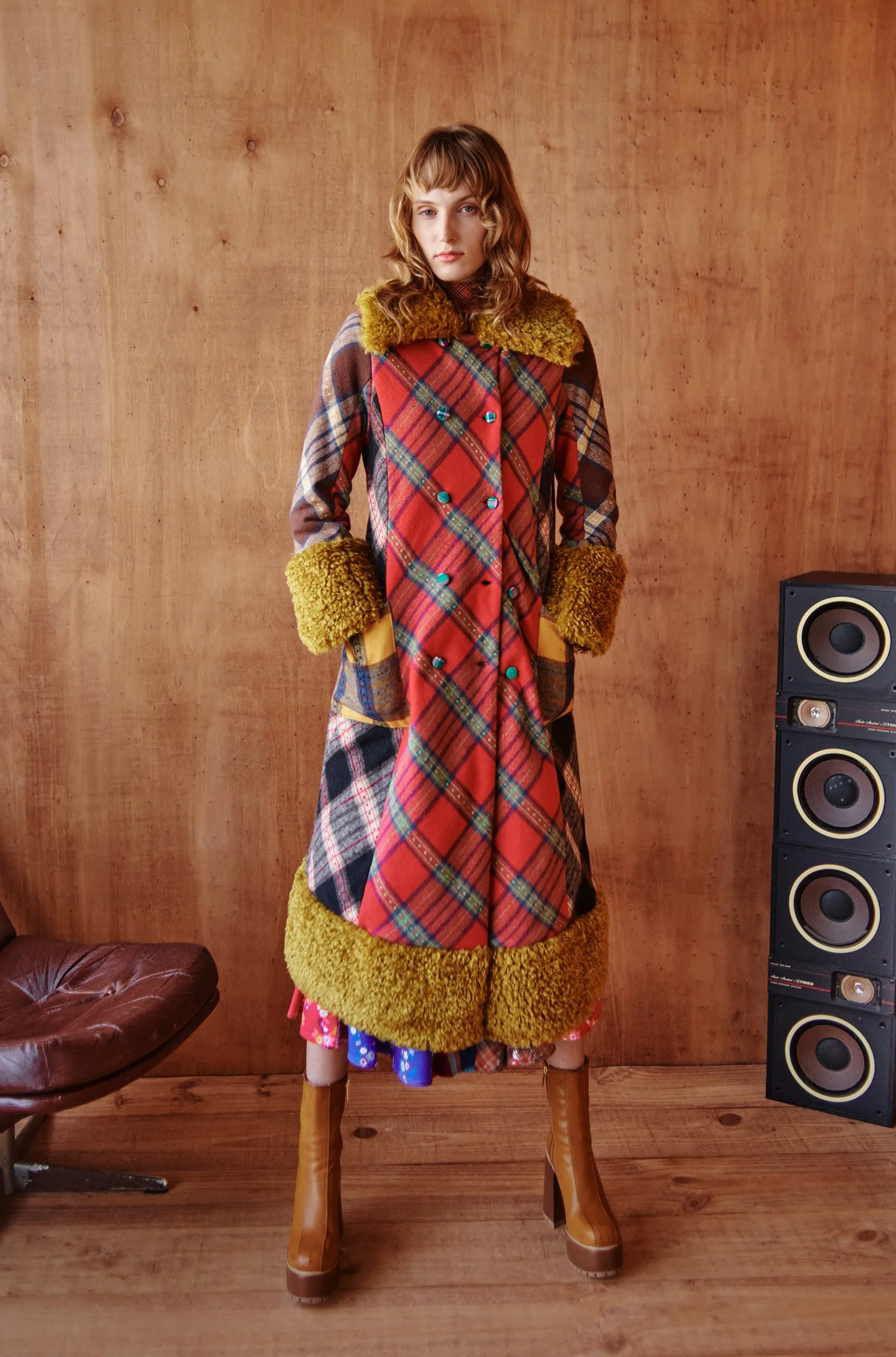 Celia B Gradina Mixed Textiles Tartan Coat