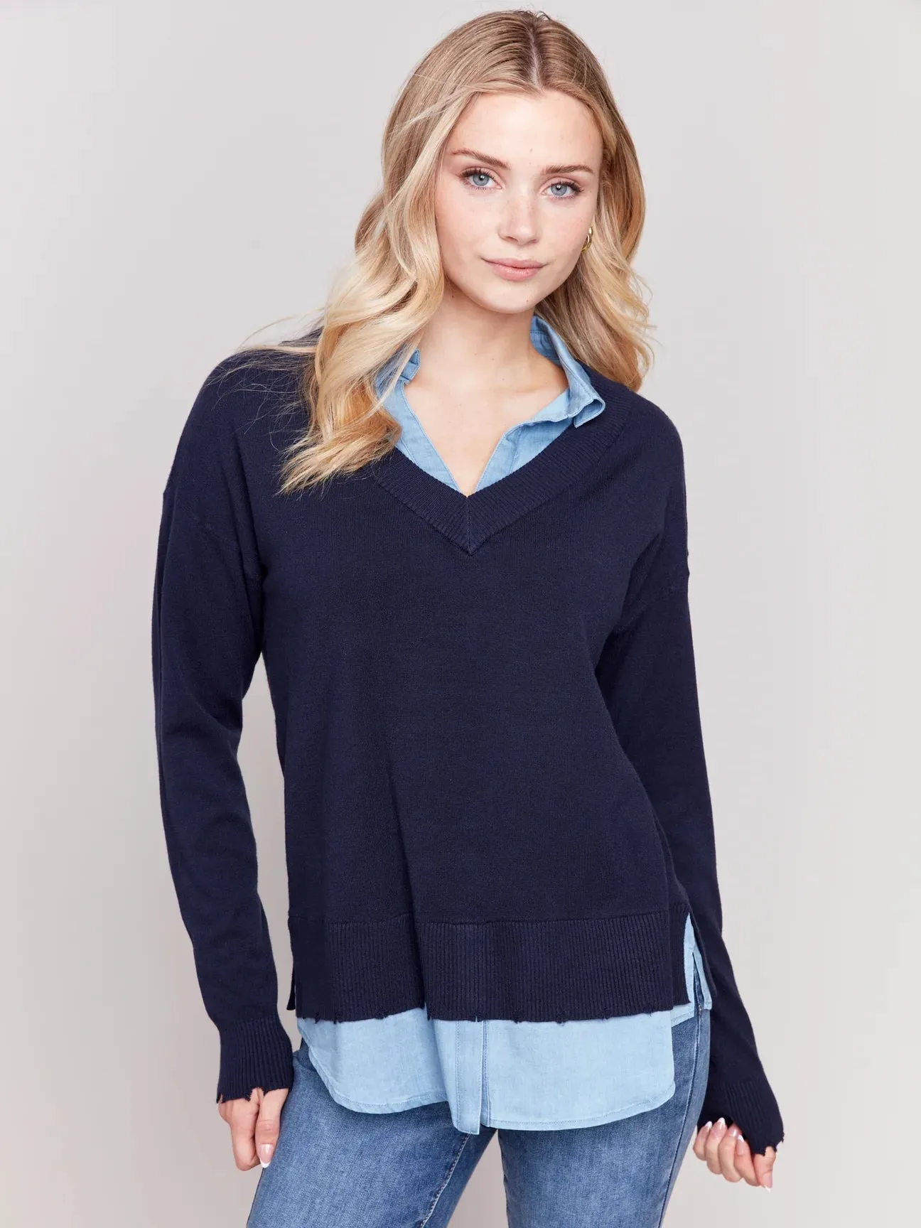 Charlie B V-neck Sweater With A Shirt Collar - C2568T-464A