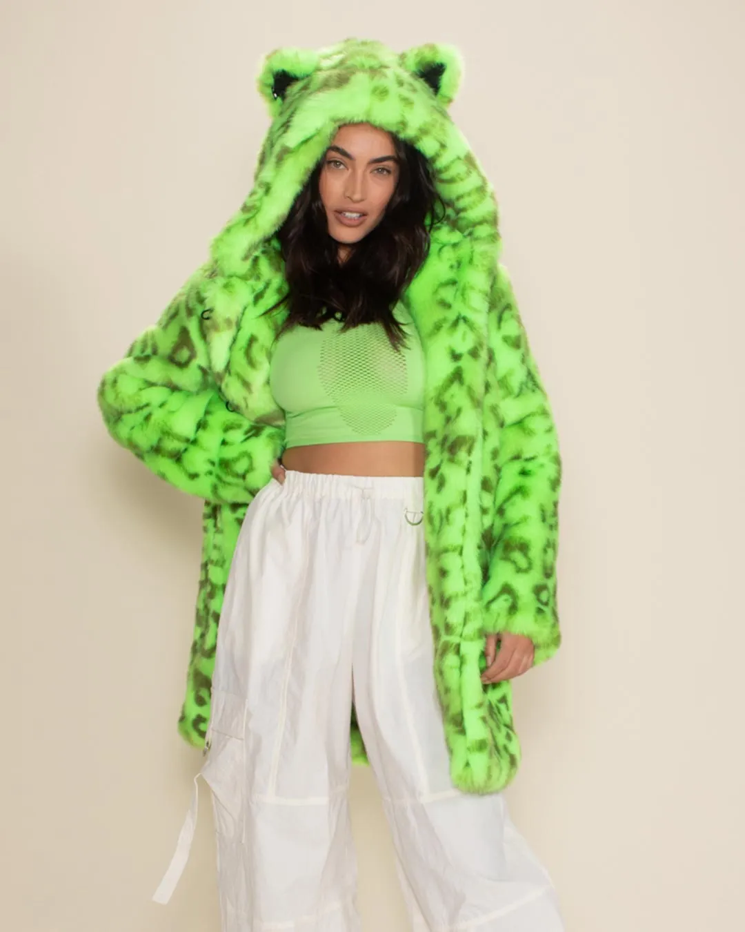 Classic Women's Faux Fur Coat | Neon Green Leopard