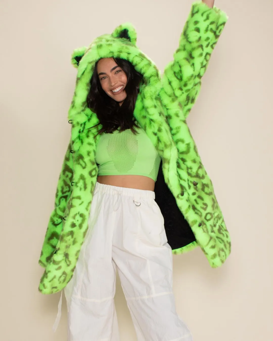 Classic Women's Faux Fur Coat | Neon Green Leopard