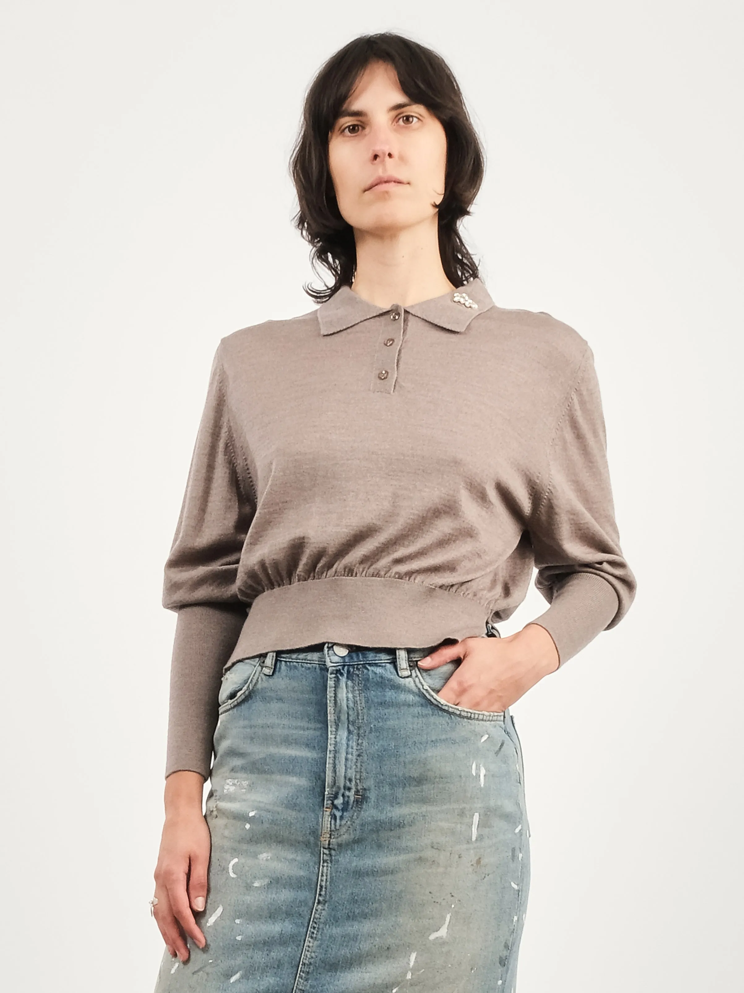 Clay/Clear Merino Silk Knit Polo Sweater W/Emb