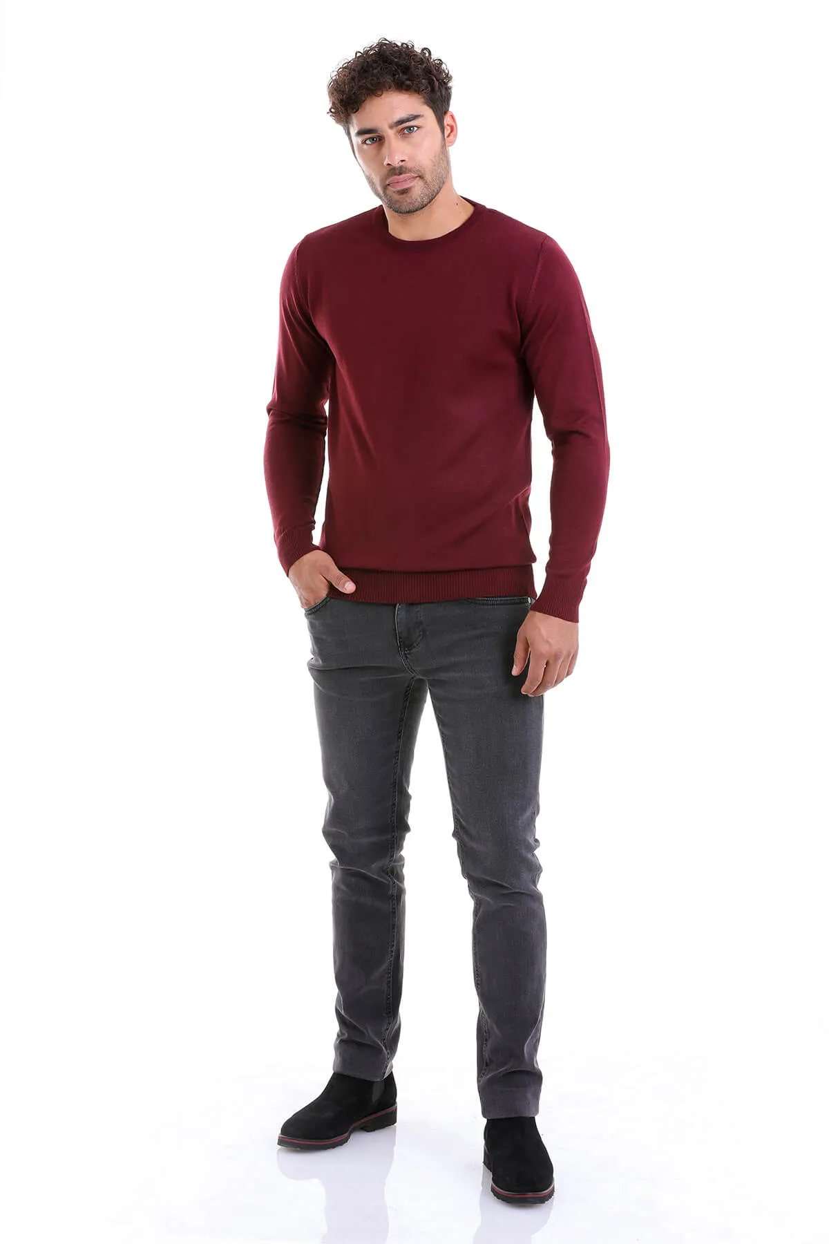 Comfort Fit Wool Blend Burgundy Crewneck Sweater