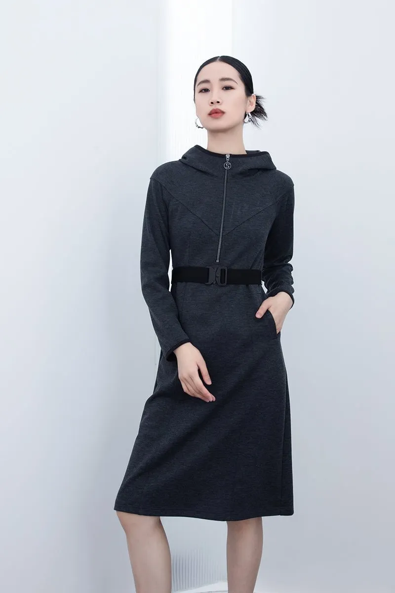 Dark Grey Zip Belted Midi Hoodie Dress