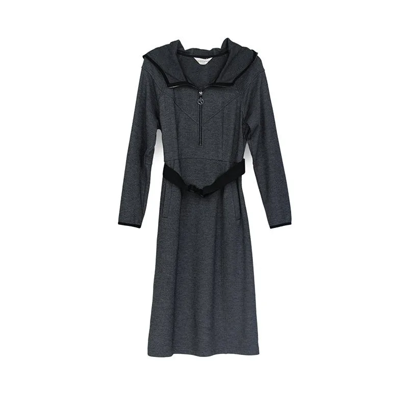 Dark Grey Zip Belted Midi Hoodie Dress