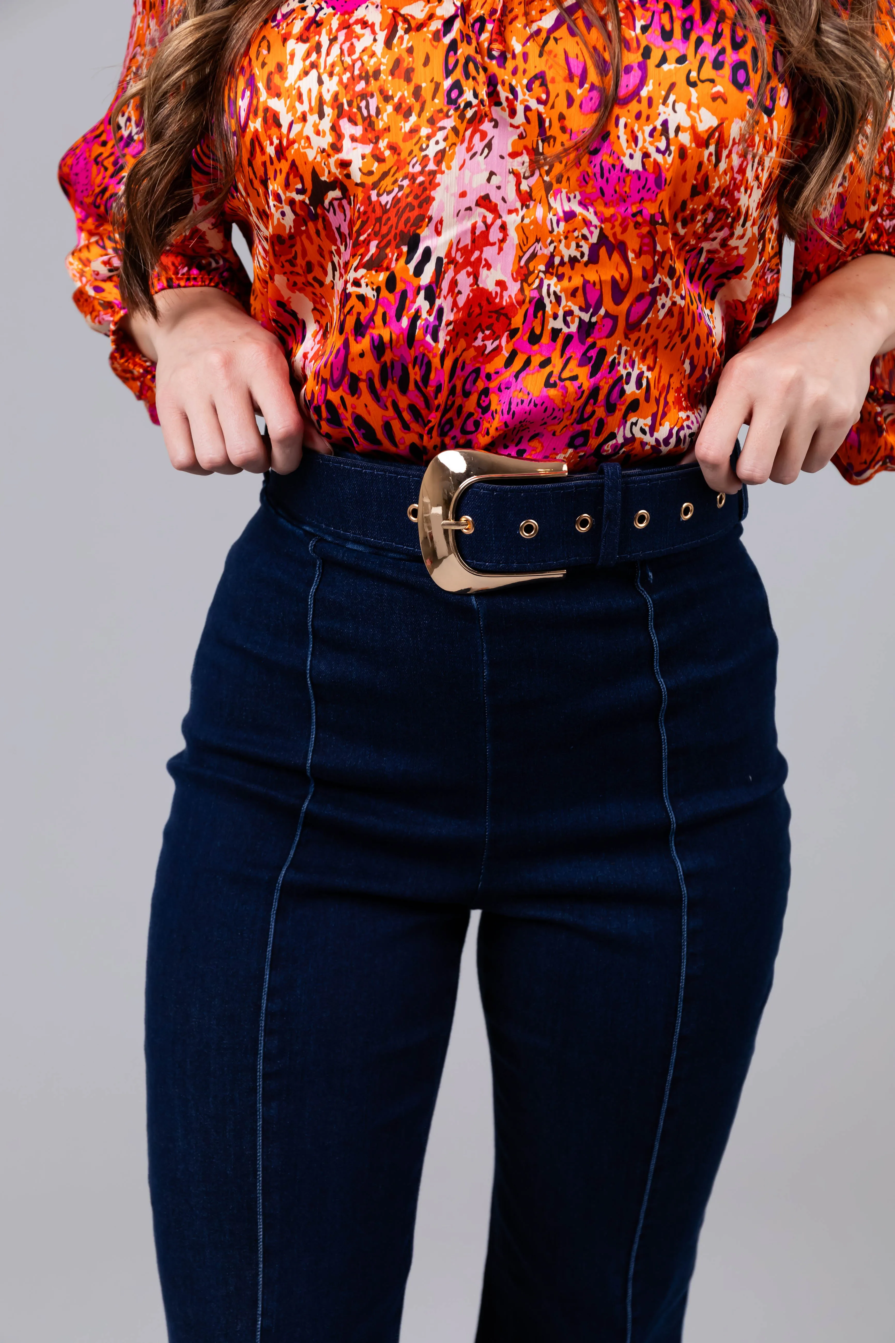 Dark Wash Denim High Waisted Pants with Belt