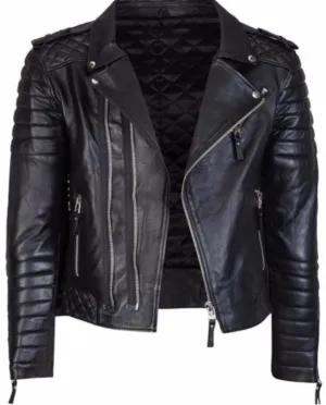 Diamond quilted black leather jacket