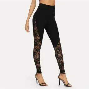 Elegant High Waist Black Lace Leggings for Women with Floral Side Panels - Available in S, M, L, and 2XL