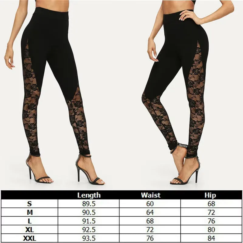 Elegant High Waist Black Lace Leggings for Women with Floral Side Panels - Available in S, M, L, and 2XL